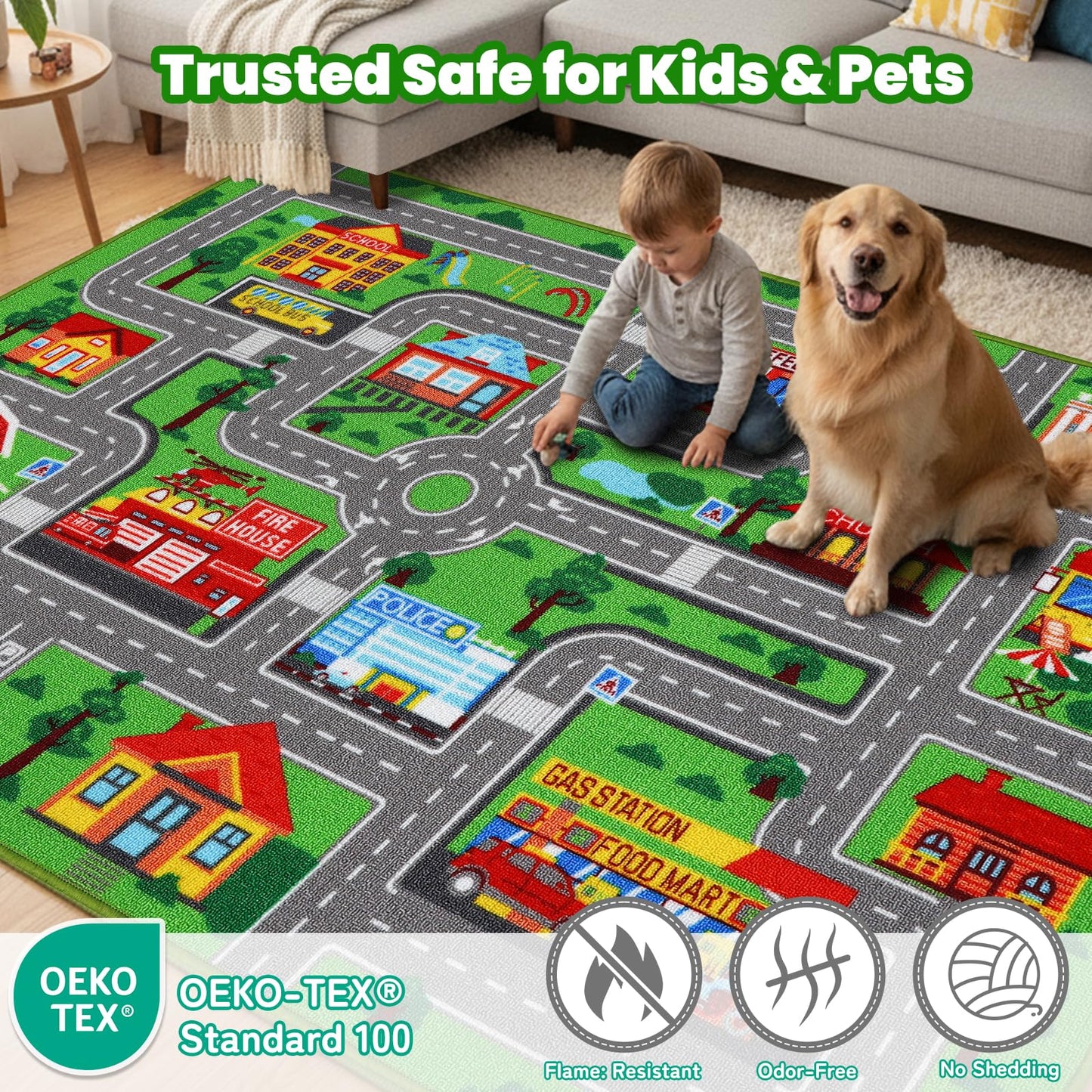 Mfmiudole Kids Carpet Car Play Rug, 7'X5' Non-Slip Kids Rug for Playroom, Town City Road Map Rug, Extra Large Boys Children Car Track Carpet for Playroom, Bedroom, Living Room (Green, 200X150 CM)