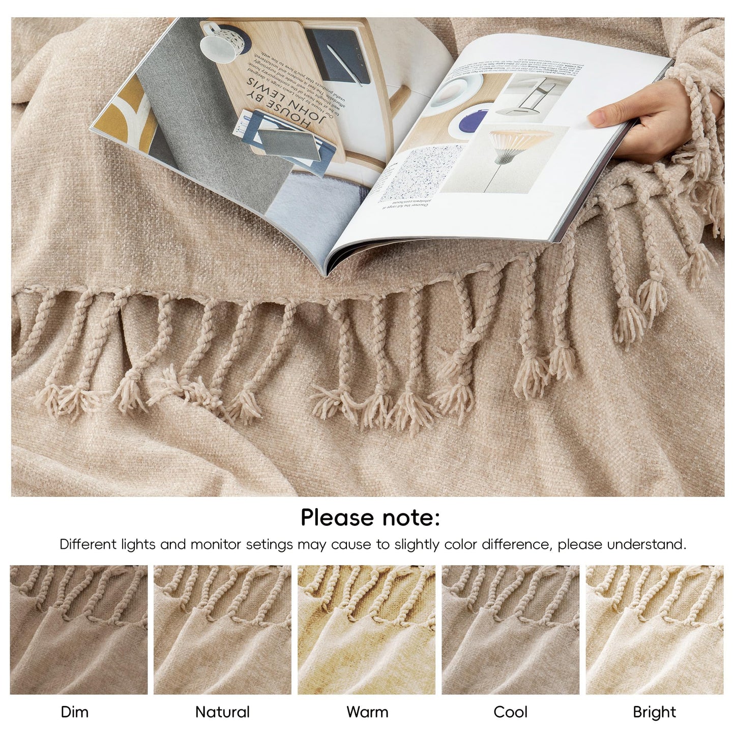 BATTILO HOME Beige Chenille Throw Blanket for Couch Sofa Chair Bed Home Decor, Lightweight Boho Knitted Throw with Fringe Tassels Suitable for All Season,50''X60''