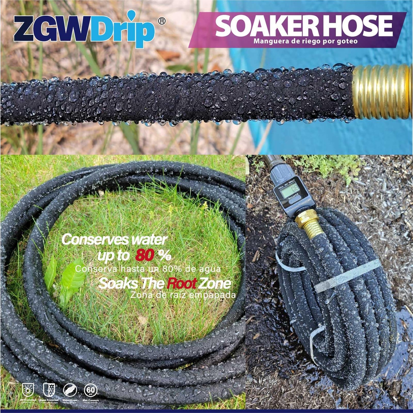 ZGWDrip 5/8" Heavy Duty Soaker Hose with Brass Connectors – Ultra-Flexible Drip Irrigation for Gardens, Lawns & Raised Beds (50 FT)