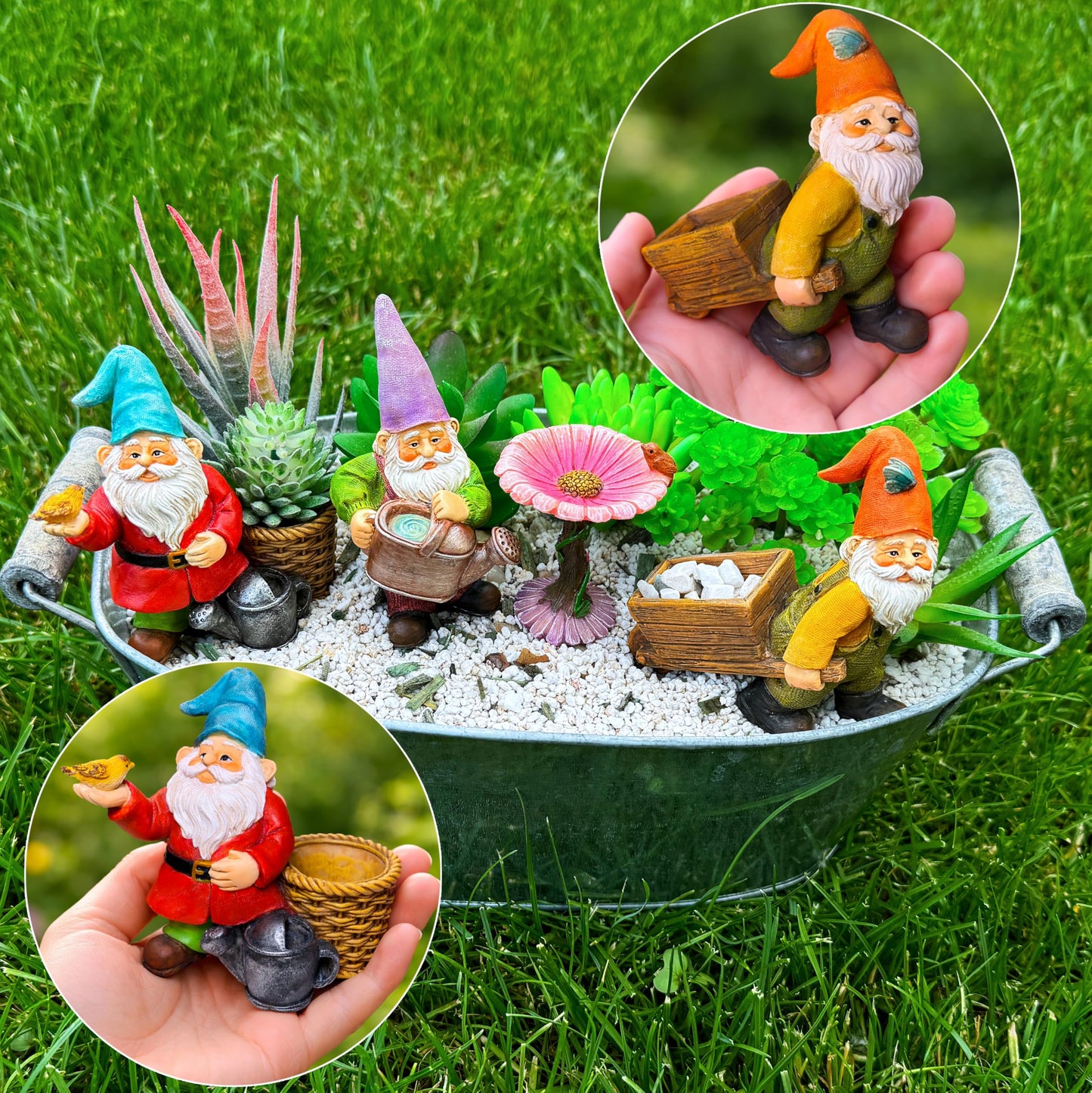 Mood Lab Miniature Garden Gnomes - Gardening Gnome Figurines & Accessories Set (4 pcs) 3.5" H - Indoor Outdoor Garden Decor