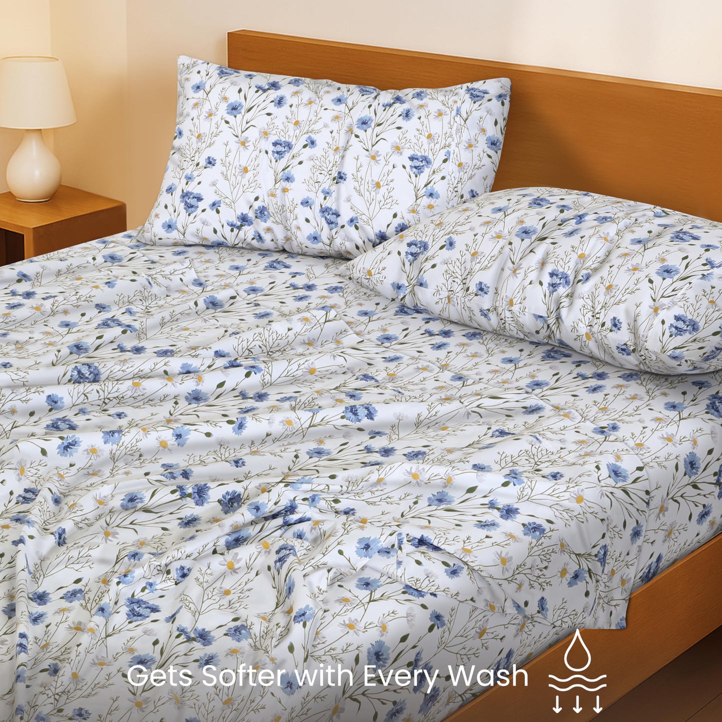 RUVANTI 100% Cotton Sheets Queen Size Set, 4 Pieces, Soft & Breathable Percale Weave Bedding, Deep Pocket 16", Hotel Standard, Crisp Cool Feeling, Durable, Perfect Floral Bed Sheet, Sweet Pea