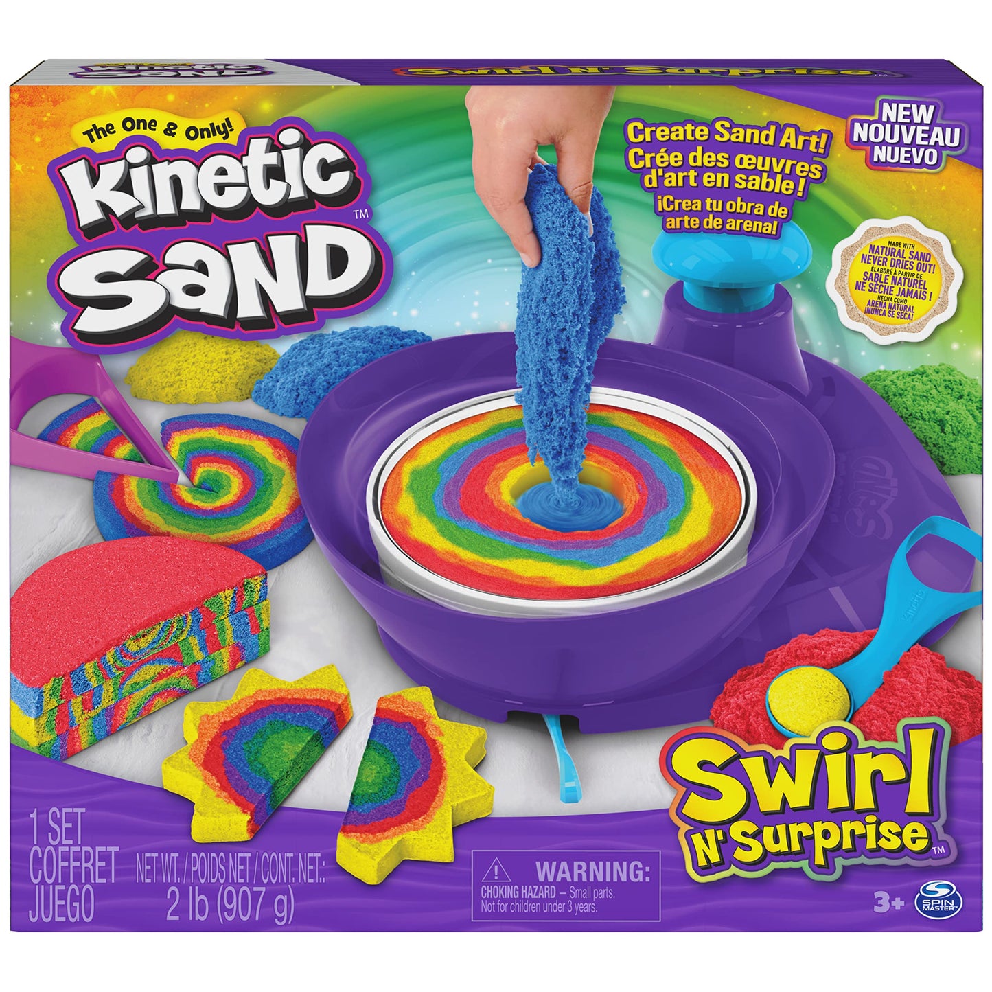Kinetic Sand, Swirl N’ Surprise Playset with 2lbs of Play Sand, Including Red, Blue, Green, Yellow and 4 Tools, Sensory Toys for Kids Ages 3 and up