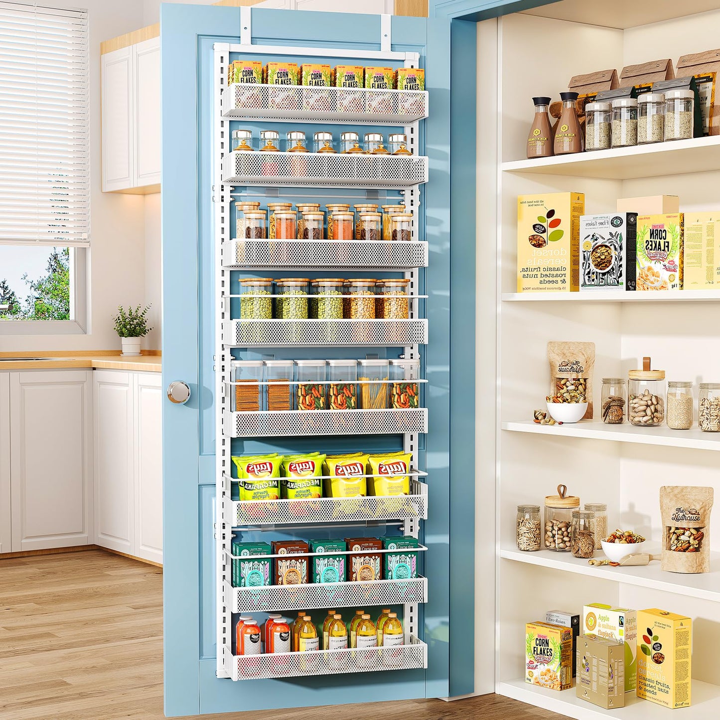 SNTD 8 Tiers Over the Door Organizer - Height Adjustable Pantry Organizers and Storage with Dense Mesh Baskets, Anti-Swing Hanging Door Spice Rack for Kitchen Bathroom (White, 17" W x 6" D x 69" H)