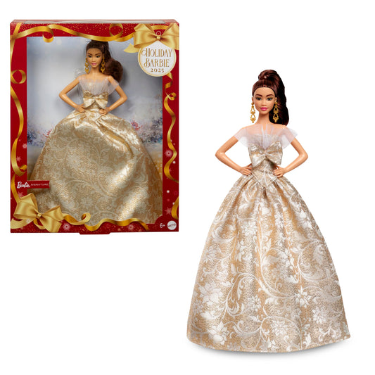 Barbie Signature Doll, 2025 Holiday Barbie Light Brown Hair Fashion Doll Wearing Silver & Gold Gown, Seasonal Collector in Displayable Packaging & Stand