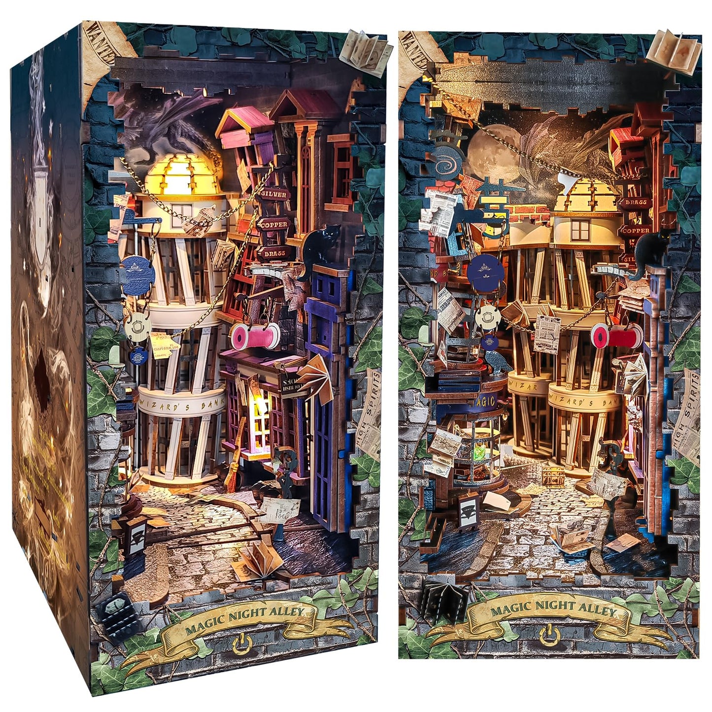 Spilay DIY Book Nook Kit,DIY Dollhouse Booknook Bookshelf Insert Decor Alley,Bookends Model Build kit with LED Light,Handmade Crafts Gifts for Birthday (Magical Night Alley with Dust Cover LED)
