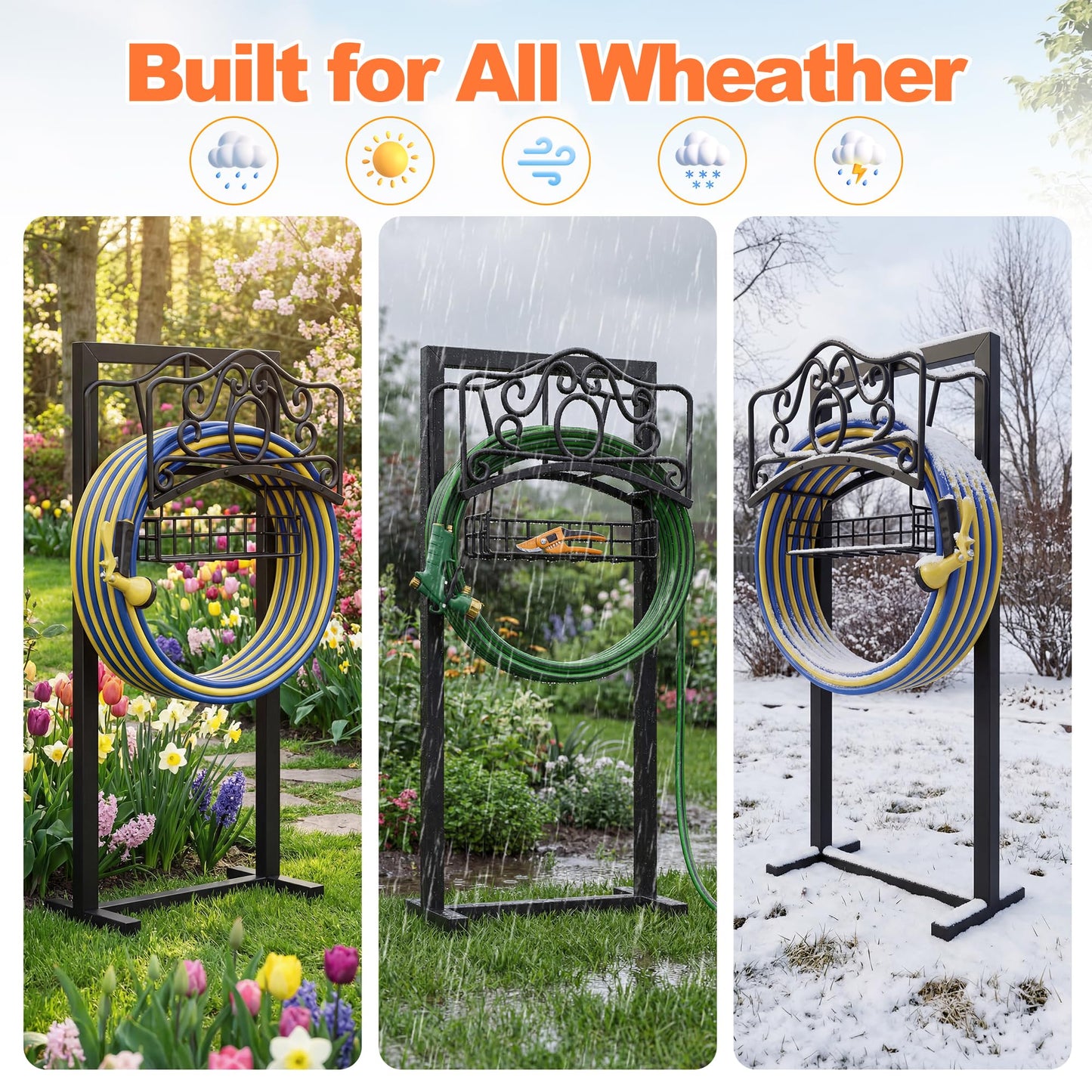 Garden Hose Holder, 2026 Upgraded Heavy Duty Water Hose Holder Stand with Storage Basket Holds 160ft, Freestanding Metal Garden Hose Reel Hanger Organzier Rack for Outdside Yard Lawn Farm, Black
