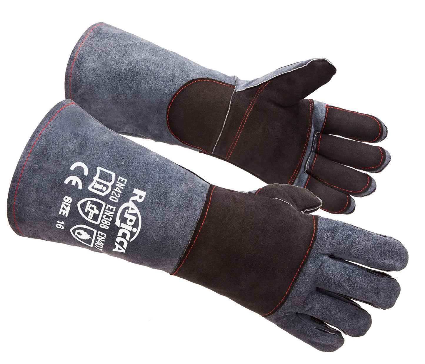 RAPICCA Animal Handling Gloves Bite Proof Reinforced Leather Padding Dog,Cat Scratch,Bird Handling Falcon Gloves Grabbing,Reptile Squirrel Snake Bite 16in Grey-Black