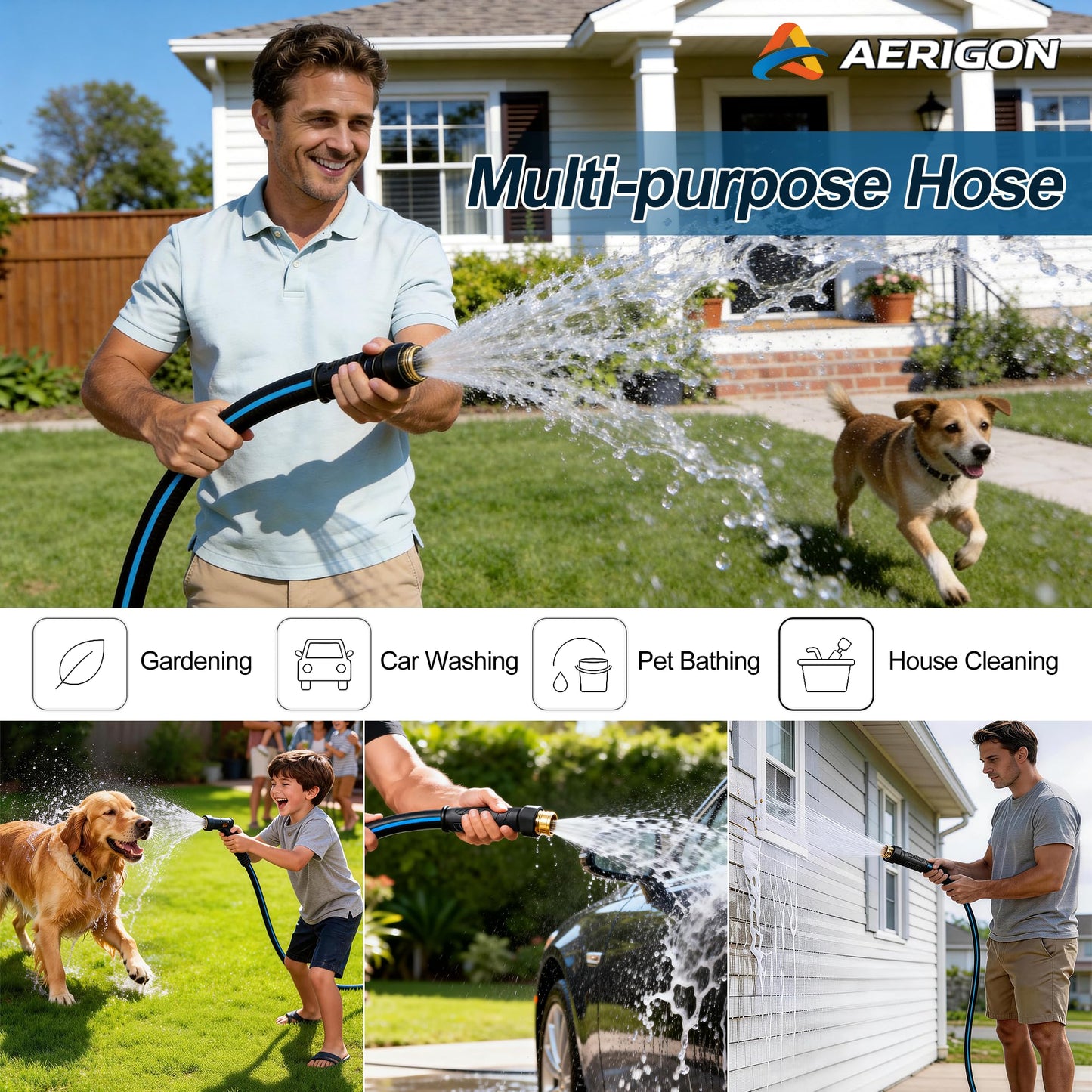 Heavy Duty Rubber Garden Hose 5/8" x 25FT, Non-Expandable Kink-Free Water Hose with Leak-Proof 3/4" Fittings for Yard Lawn and Car Wash