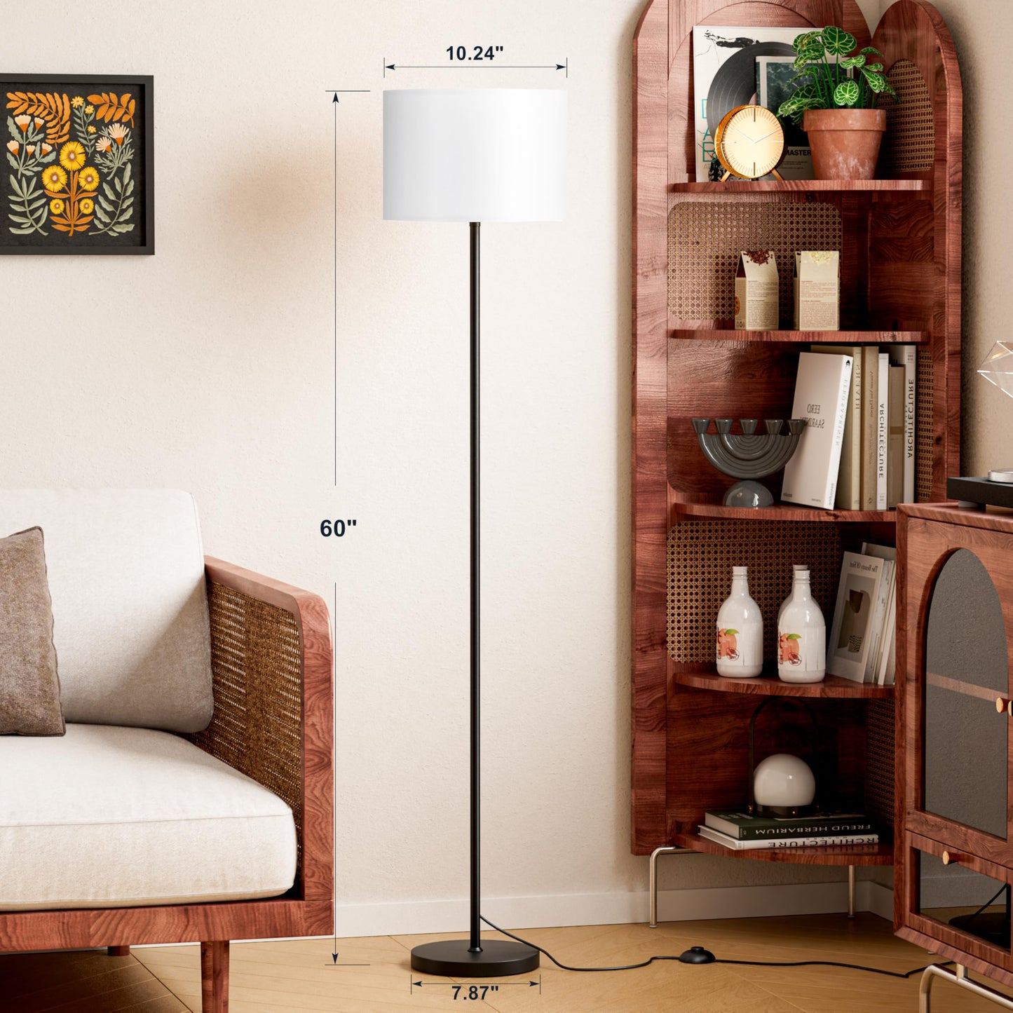 Modern Floor Lamp Simple Design with White Shade, Foot Pedal Switch, 60" Small Tall Lamps for Living Room Bedroom Office Dining Room Kitchen, Black Pole Lamp(Without Bulb)