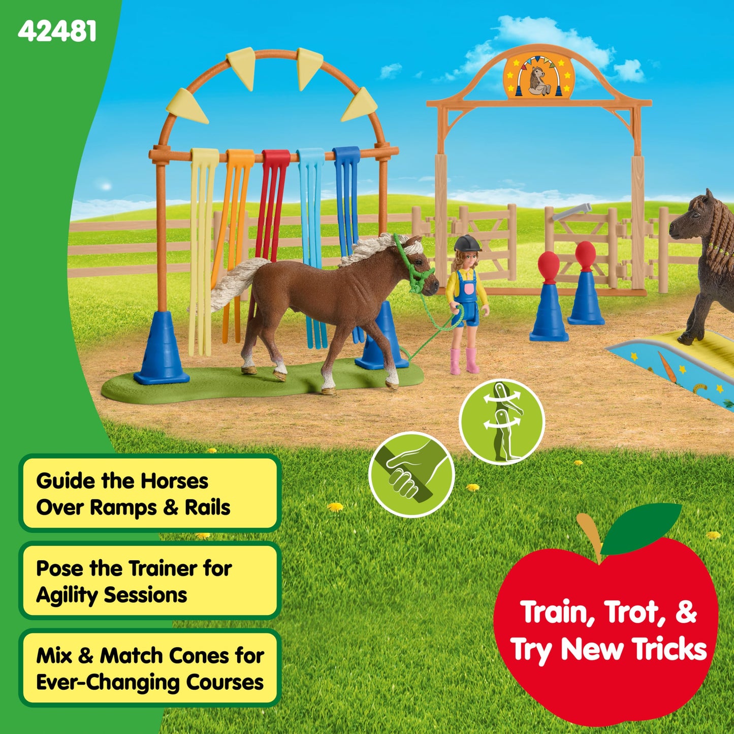 Schleich Farm World - 48PC Pony Agility Training Set with 2 Horse Figurines, Poseable Figure and Accessories - Horse Toys for Girls, Boys - Educational Animal Toys for Kids, Toddlers Ages 3+ | 42481
