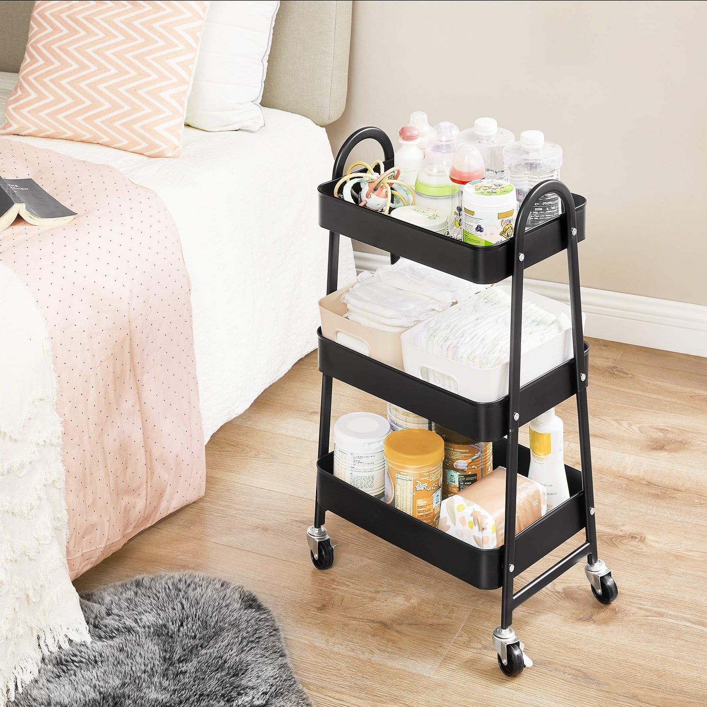 SONGMICS 3-Tier Utility Rolling Cart, Metal Storage Cart with 2 Brakes and Handles, Black UBSC068B01