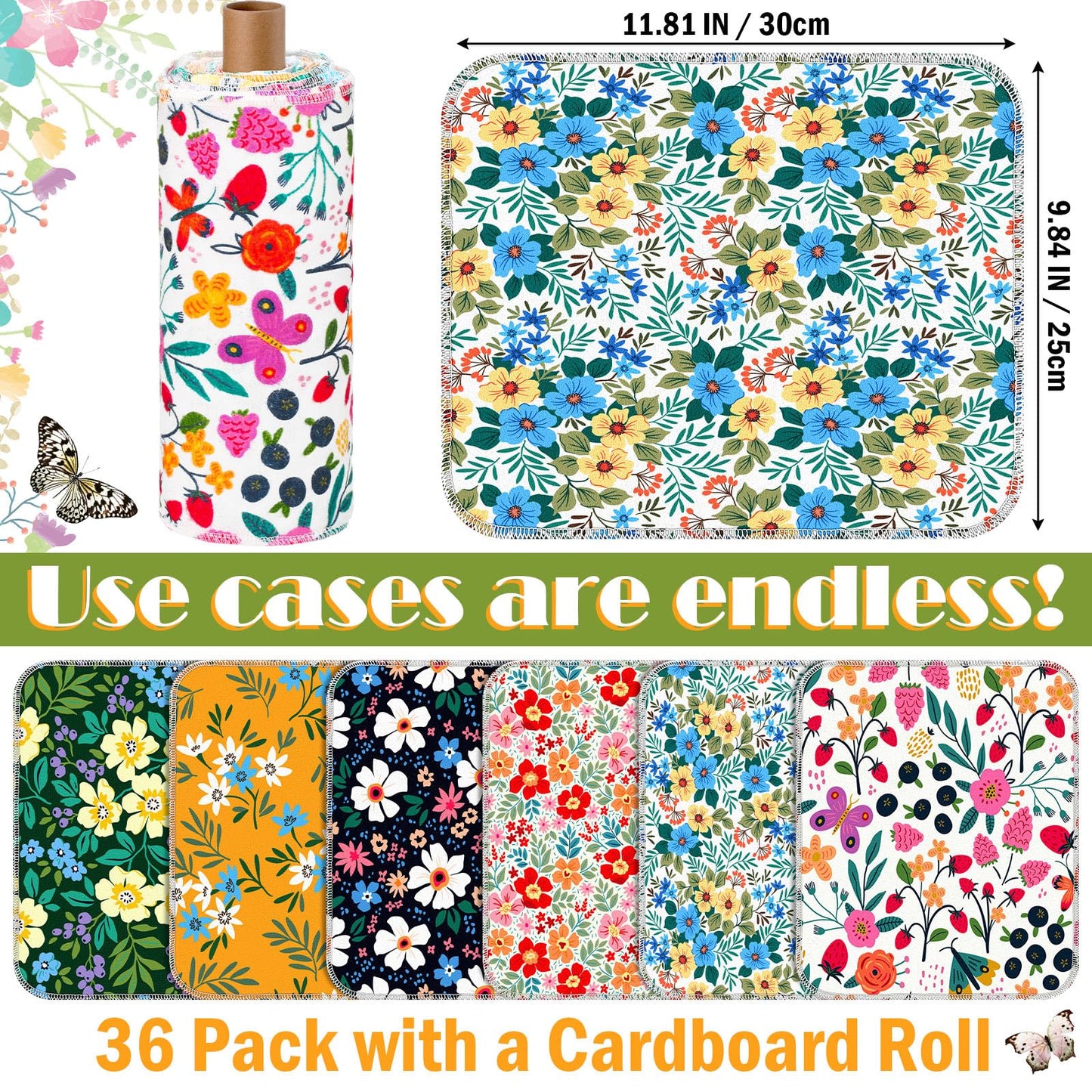Redbaker 30 Pcs Reusable Paper Towels Rolls Kitchen Towels Bulk Washable Paperless Cloth Cotton Hand Napkins with Cardboard Reusable Napkins for Kitchen Bathroom(Floral,10 x 12 in)