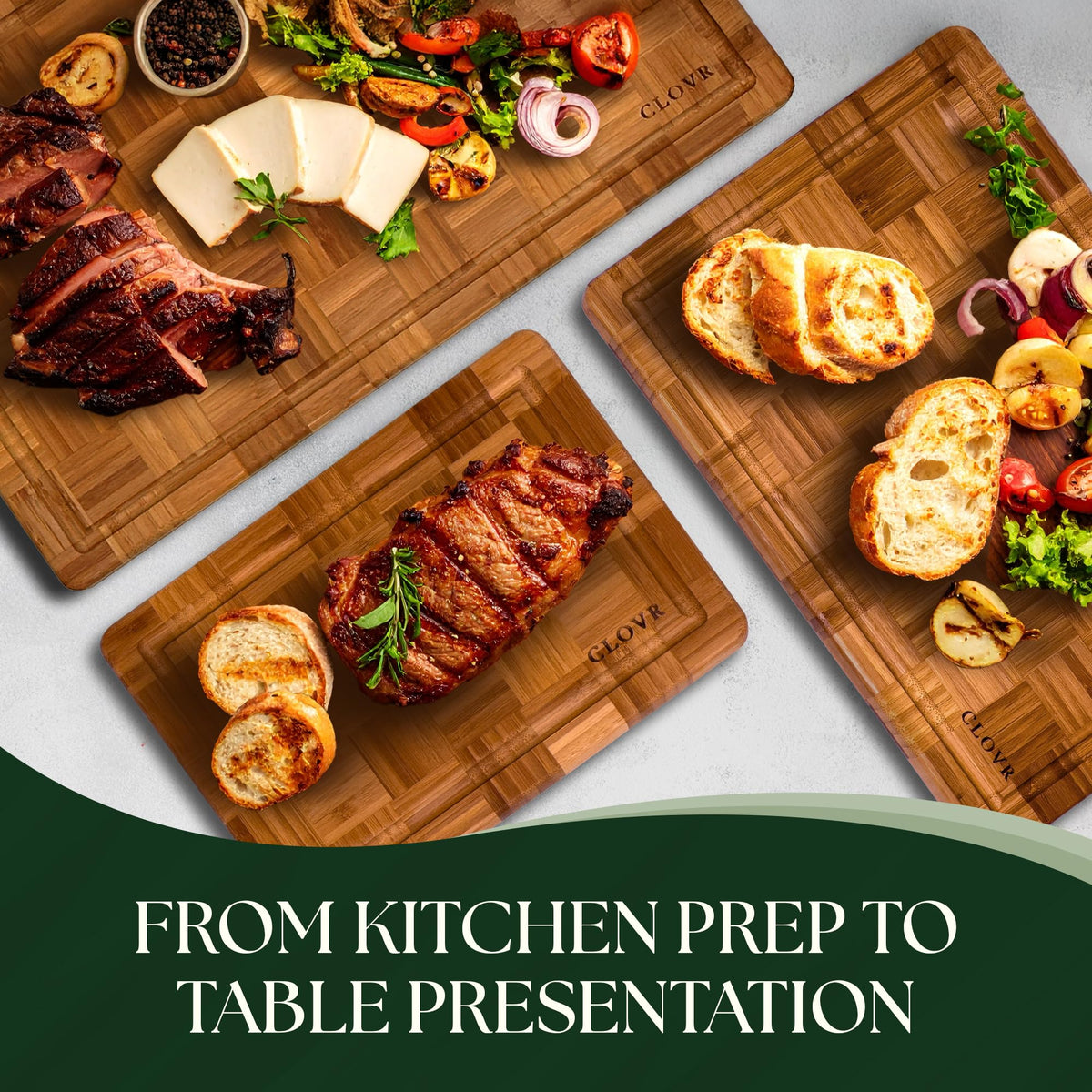 CLOVR End Grain Bamboo Cutting Board Set of 3 – Pre-Oiled Wood Cutting Boards for Kitchen with Handles, Juice Grooves & Non-Slip Pads – Small, Medium & Large Chopping Boards for Meat & Charcuterie