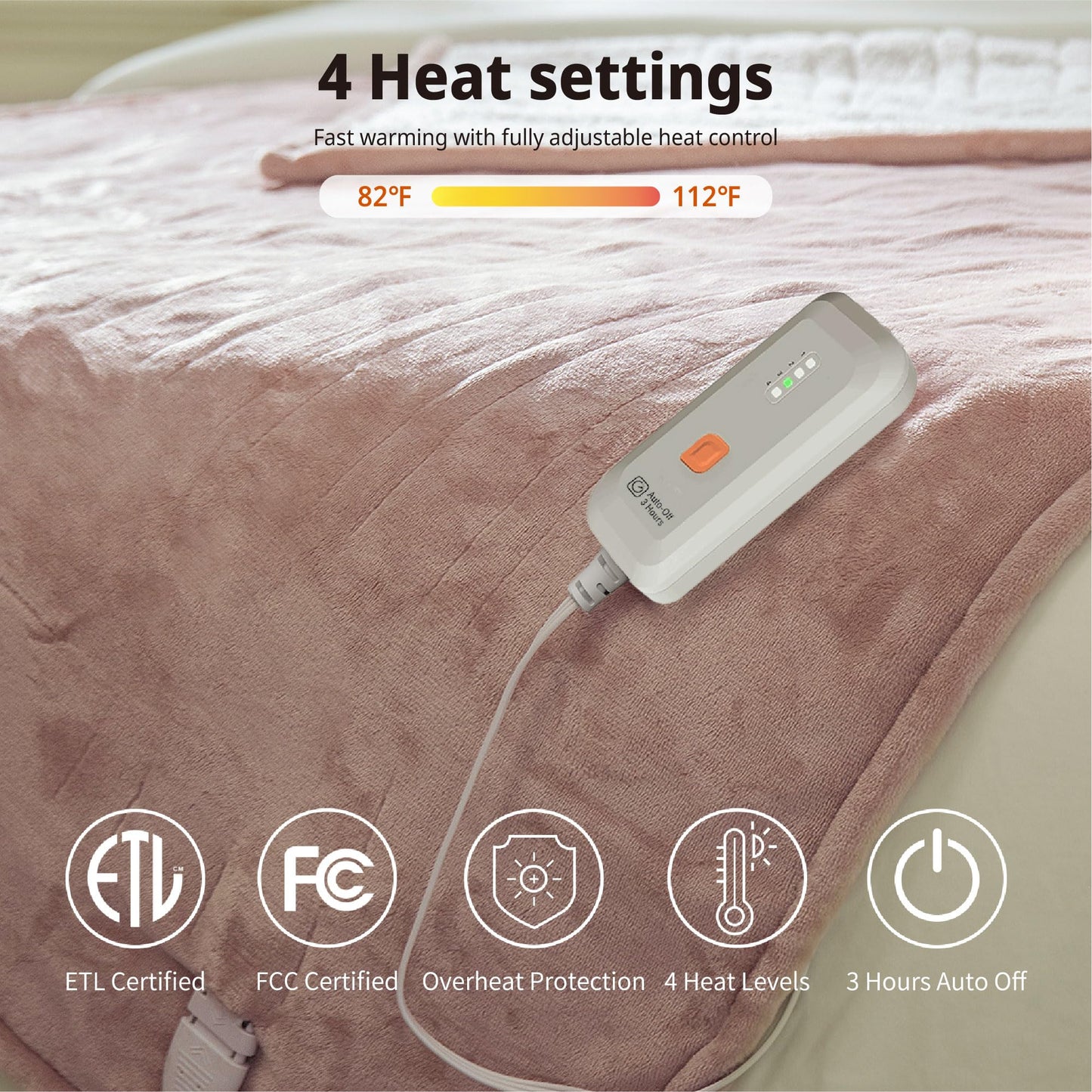 Gotcozy Heated Blanket Electric Throw 50''X60''- Soft Silky Plush Electric Blanket with 4 Heating Level & 3 Hour Auto Off Heating Blanket, ETL Certified Machine Washable (Rose Dust)