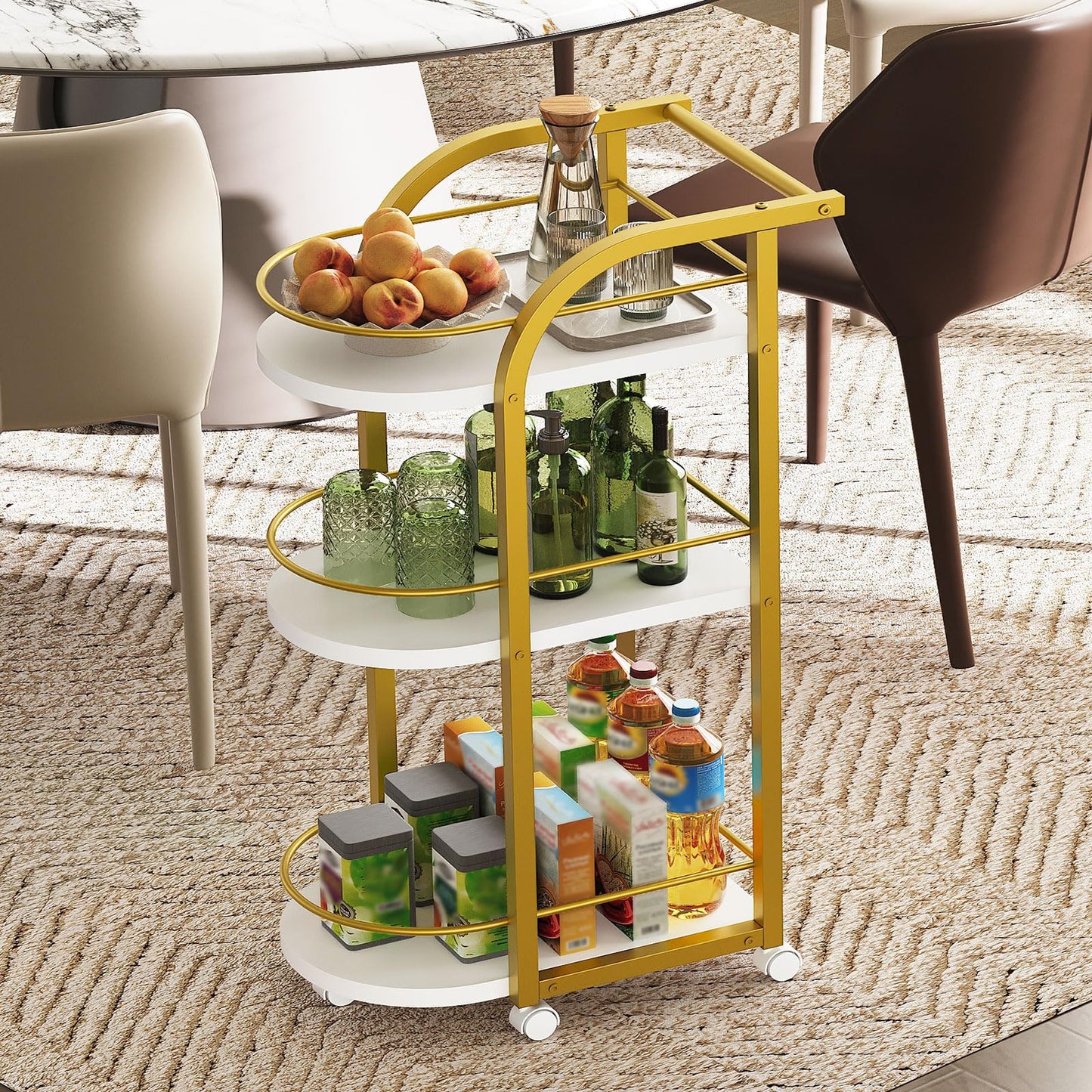 YATINEY 3-Tiers Cart with Wheels, Home Cart, Beverage Cart with Fence, for Garden, Party, White and Gold BC06DW