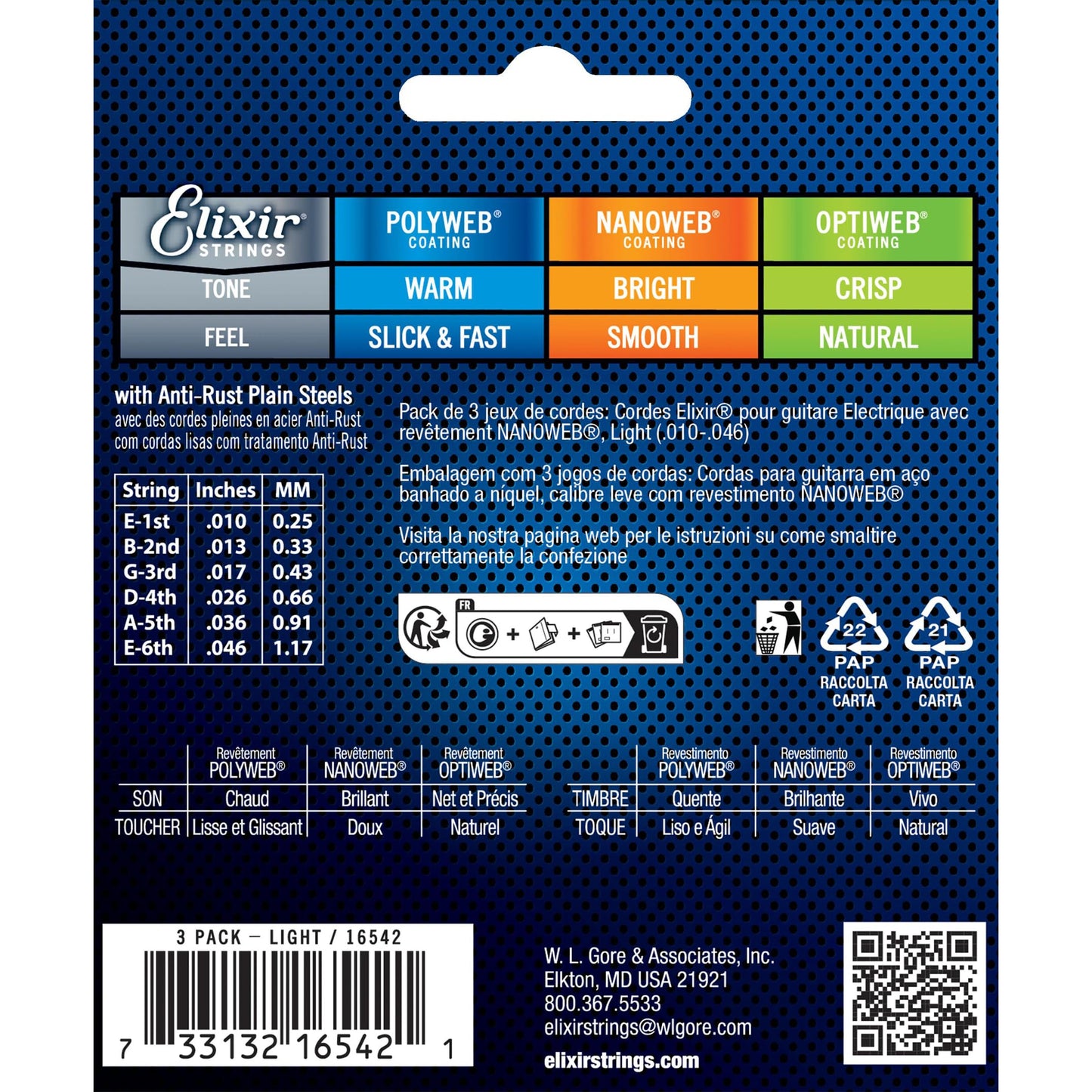 Elixir Strings, Electric Guitar Strings, Nickel Plated Steel with NANOWEB Coating, Longest-Lasting Bright Tone with Comfortable Feel, 6 String Set, 3 Pack, Light 10-46