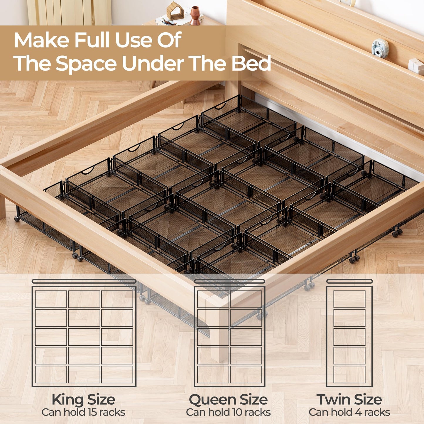 Yecaye Under Bed Storage with Wheels, 2 Pack Under Bed Shoe Storage Organizer Drawer, Tool-free Assembly Metal Underbed Storage Containers for Clothes, Shoes, Toys, Black
