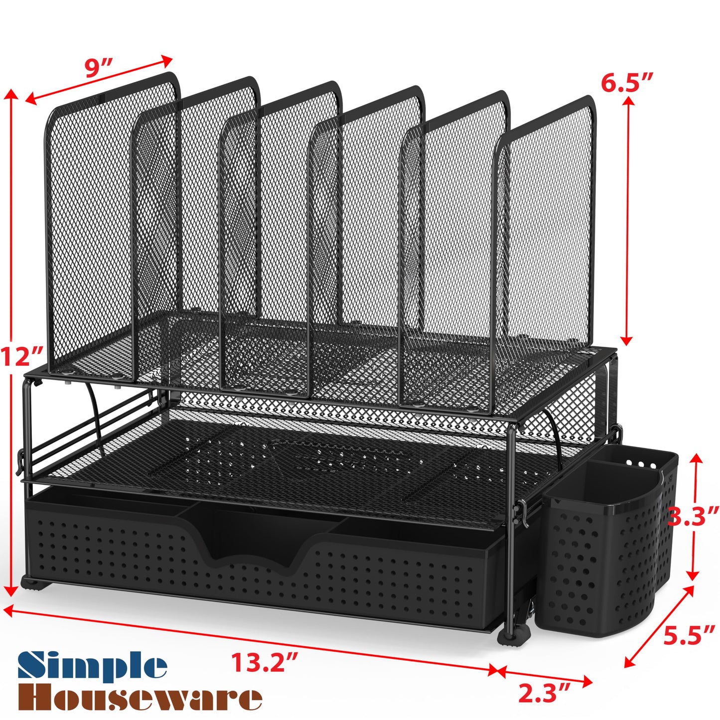 SimpleHouseware Desk File Organizer for Office Stationery with Sliding Drawer, Double Tray, Pencil Holder, and 5 Upright Sections, Black