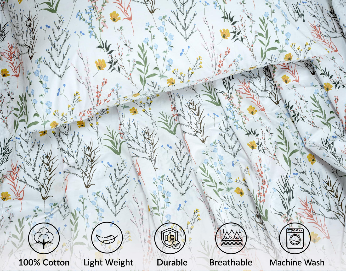 RUVANTI 100% Cotton Sheets – King Size Percale Bedding, Cooling & Breathable Floral Design, Durable with a Crisp, Soft & Comfortable Feel, 16" Deep Pocket, 4-Piece Set, Aroma