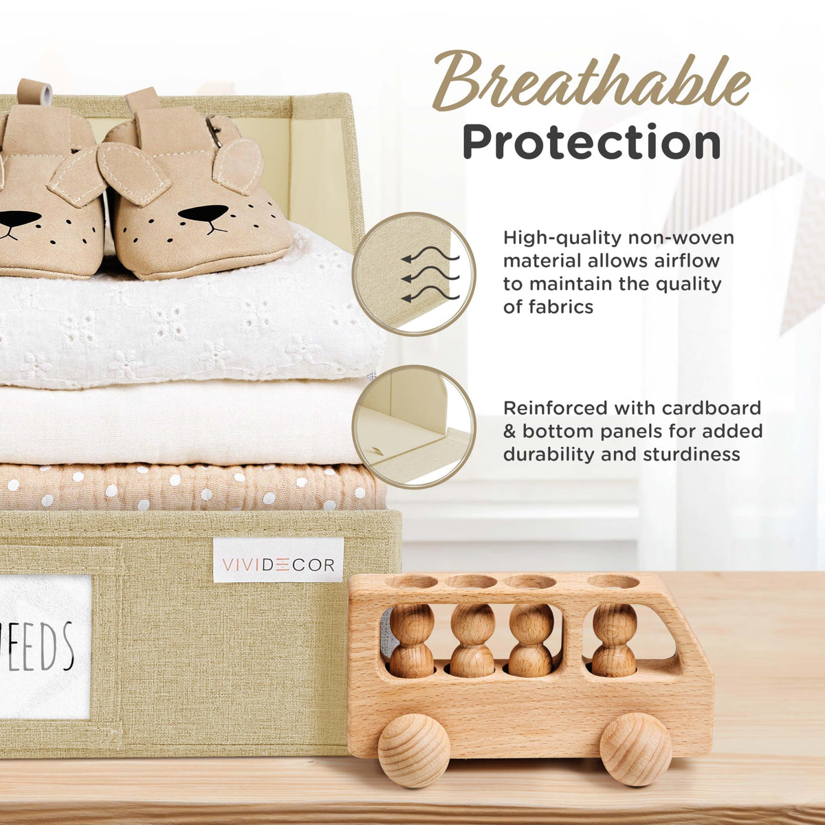 VIVIDECOR Trapezoid Storage Bins – 3-Pack Closet Shelf Organizer & Baskets, Open Front Bin for Shelves, Foldable Fabric Basket for Clothes, Cube Storage Bins, Towel, Clothing Shelf (Beige, 3 Pack)