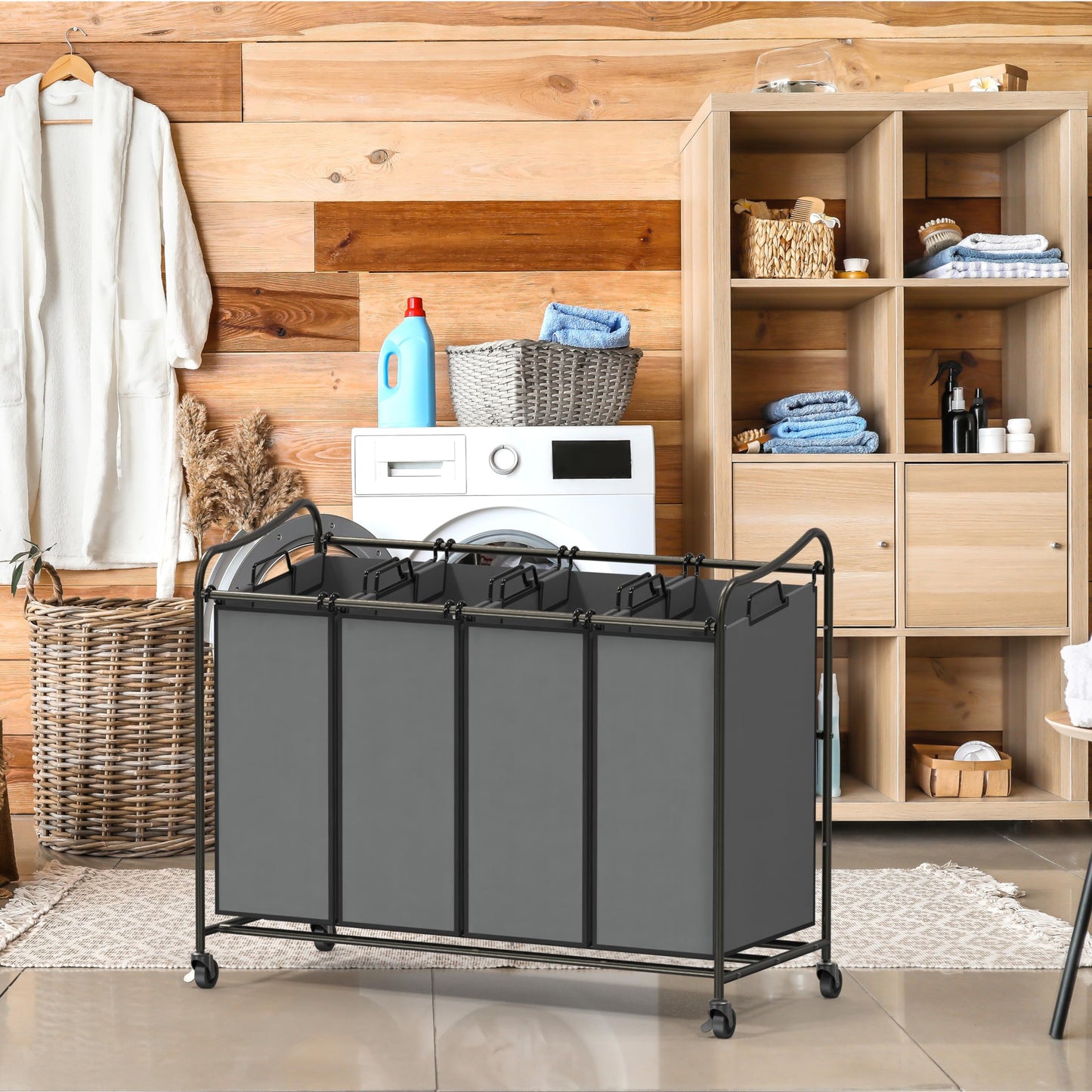 Simple Houseware 4-Section Rolling Laundry Hamper - Heavy Duty Laundry Sorter Cart with Wheels & 4 Removable Bags for Clothes Organization, Dark Grey