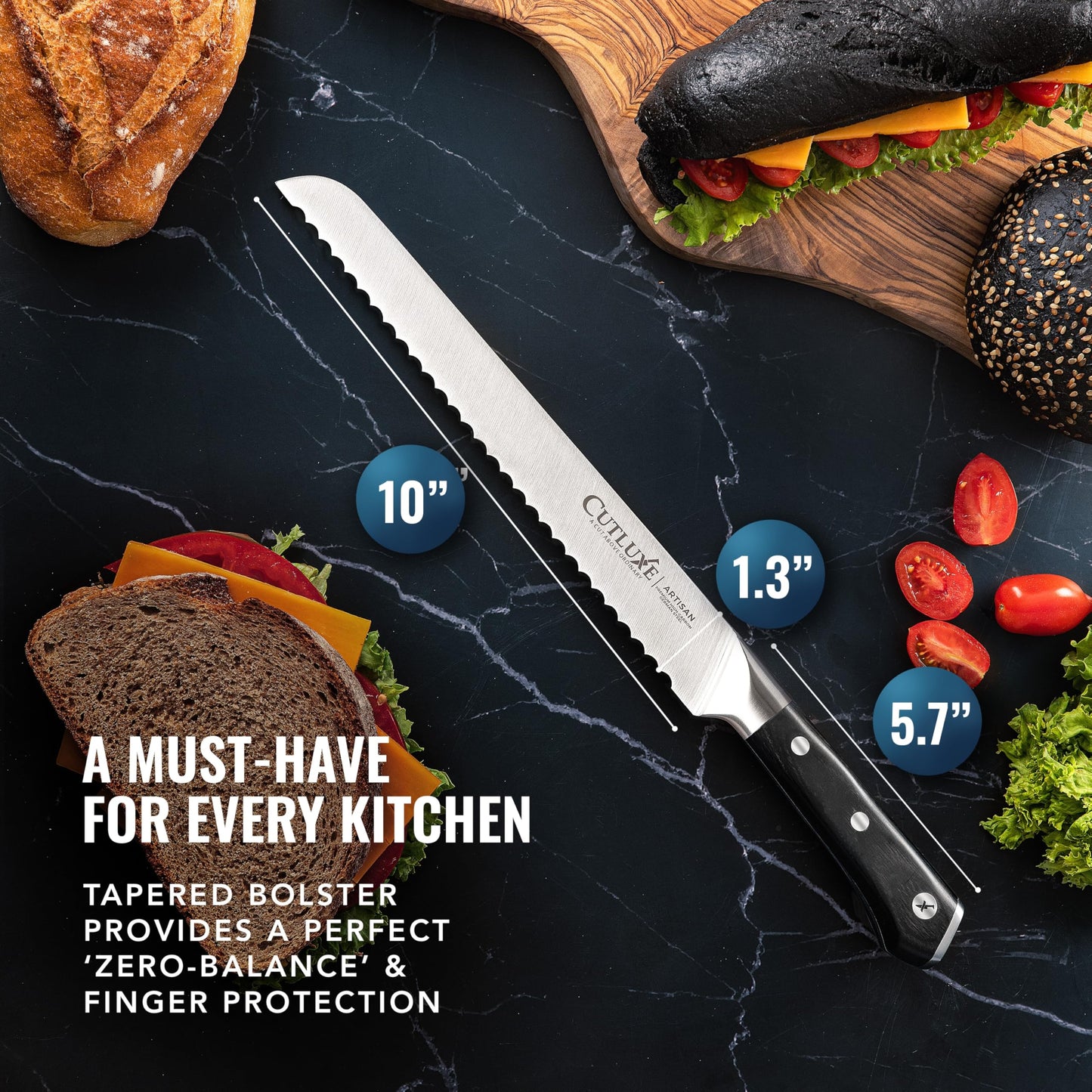 Cutluxe Bread Knife, 10" Serrated Knife, Perfect for Homemade, Sourdough Bread – High Carbon German Steel, Full Tang, Ergonomic Handle Design – Artisan Series