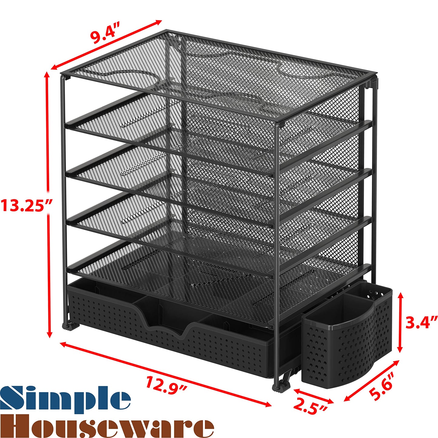 Simple Houseware 5-Tier Desktop Document Tray Organizer with Sliding Drawer and Pen Holder, Black