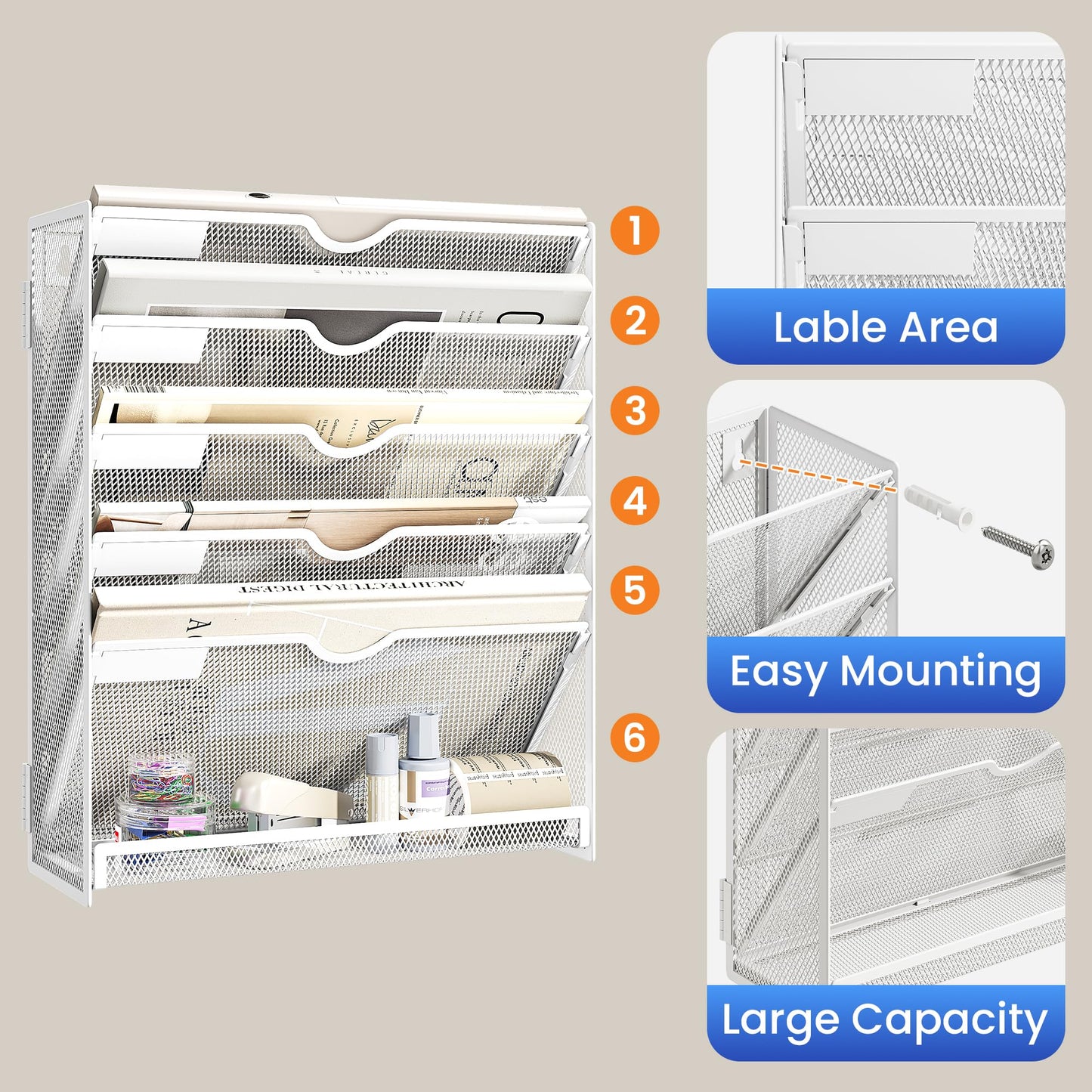 SUBEKYU 6-Tier A4 Wall Mounted File Organiser, Magazine File Holder for Mails Folders Papers, Vertical Document Organiser for Office Home, Metal Mesh - White