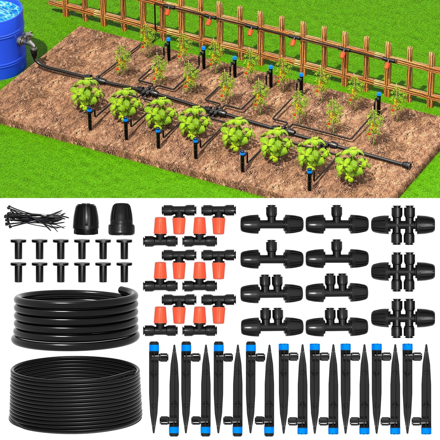MIXC Greenhouse Micro Drip Irrigation Kit Automatic Irrigation System Patio Misting Plant Watering System with 1/4 inch 1/2 inch Tubing Hose Adjustable Nozzle Emitters Sprinkler Barbed Fittings
