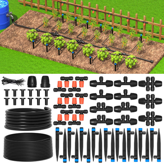 MIXC Greenhouse Micro Drip Irrigation Kit Automatic Irrigation System Patio Misting Plant Watering System with 1/4 inch 1/2 inch Tubing Hose Adjustable Nozzle Emitters Sprinkler Barbed Fittings