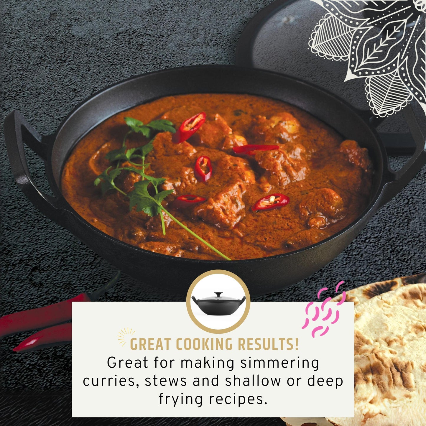 Maharaja Cast Iron Karahi 26cm with Glass lid, Cool Touch Handle, Induction Safe, Black