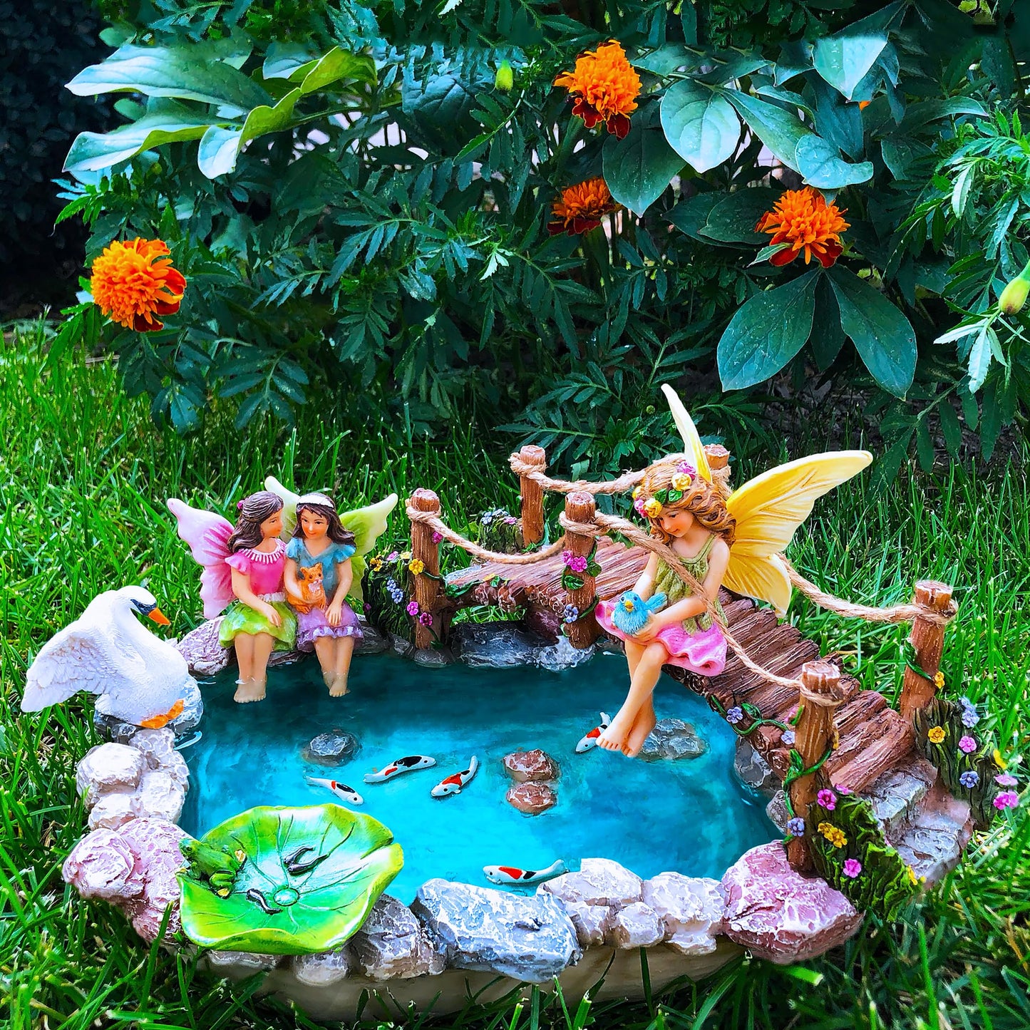 Mood Lab Fairy Garden Fish Pond Kit - Miniature Bridge Set of 6 pcs Fairy Garden Figurines & Accessories - Outdoor or House Decor
