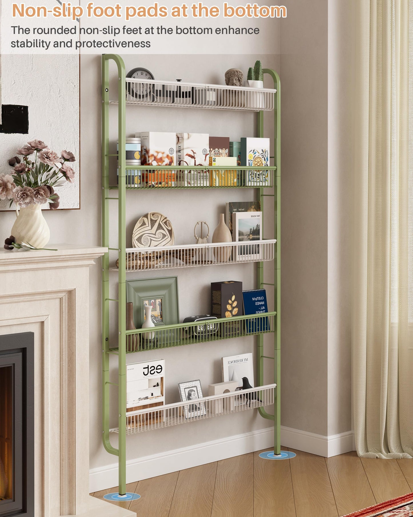 UMDONX Narrow Metal Storage Shelf Behind Door Organizer 5 Tier, Bookshelf Bookcase Book Rack Bathroom Shelving Unit Multifunctional (Green 82x9x160cm)