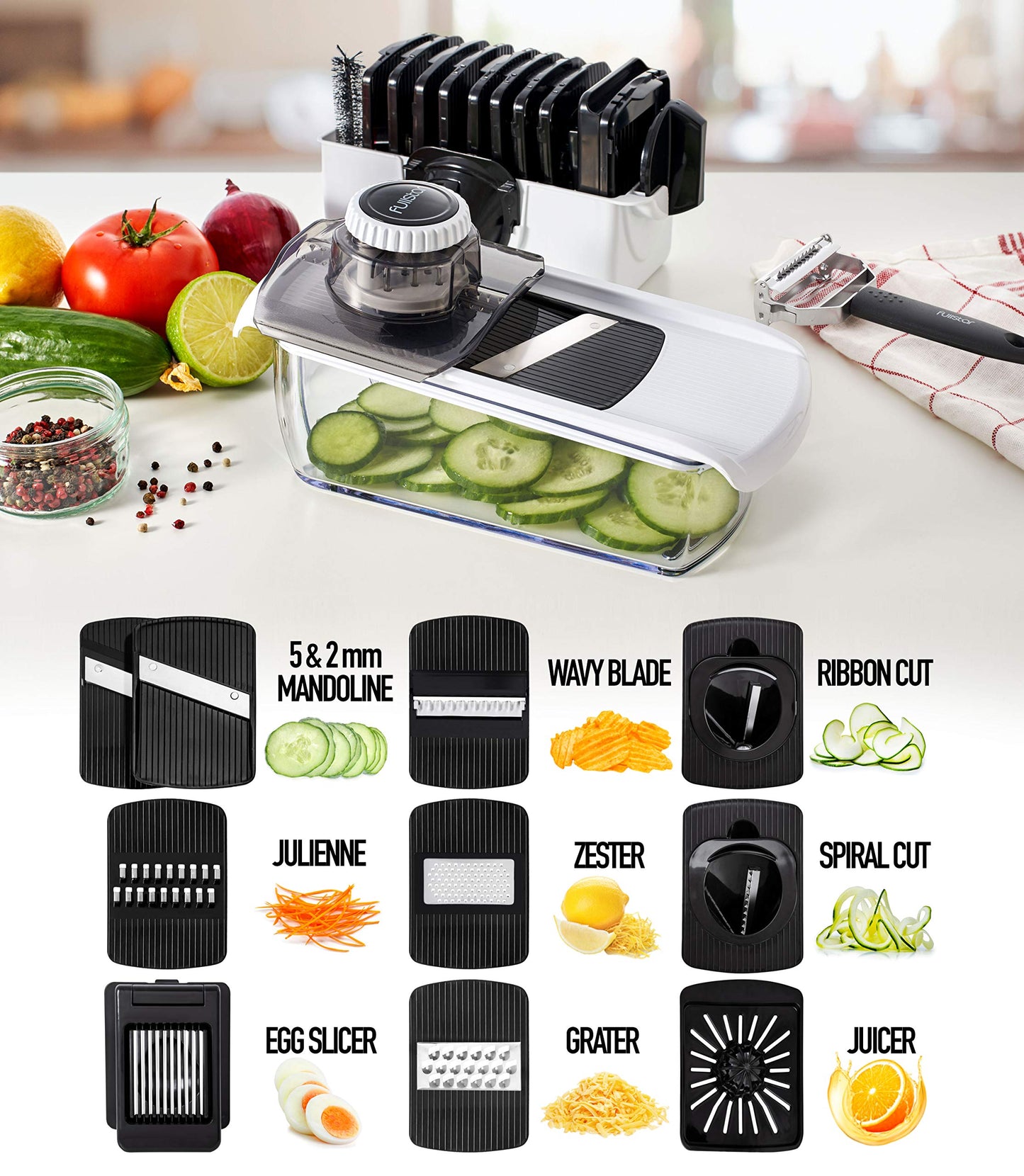 Fullstar Mandoline Slicer for Kitchen - Vegetable Slicer Spiralizer & Julienne Cutter for Veggie Cucumber Onion Potato Carrot - Cheese Grater - Kitchen Essentials Tools & Gadgets (PRO 11-in-1, White)