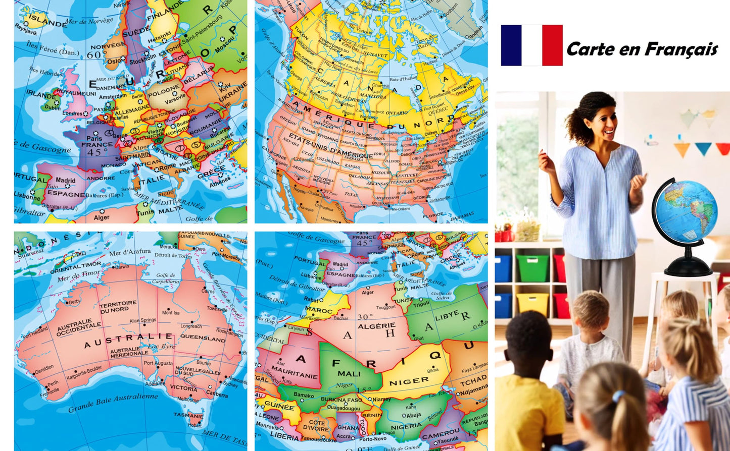 Exerz 20cm Globe Terrestre - Carte en Français - 20cm World Globe in French - Garte politique/éducative/géographique