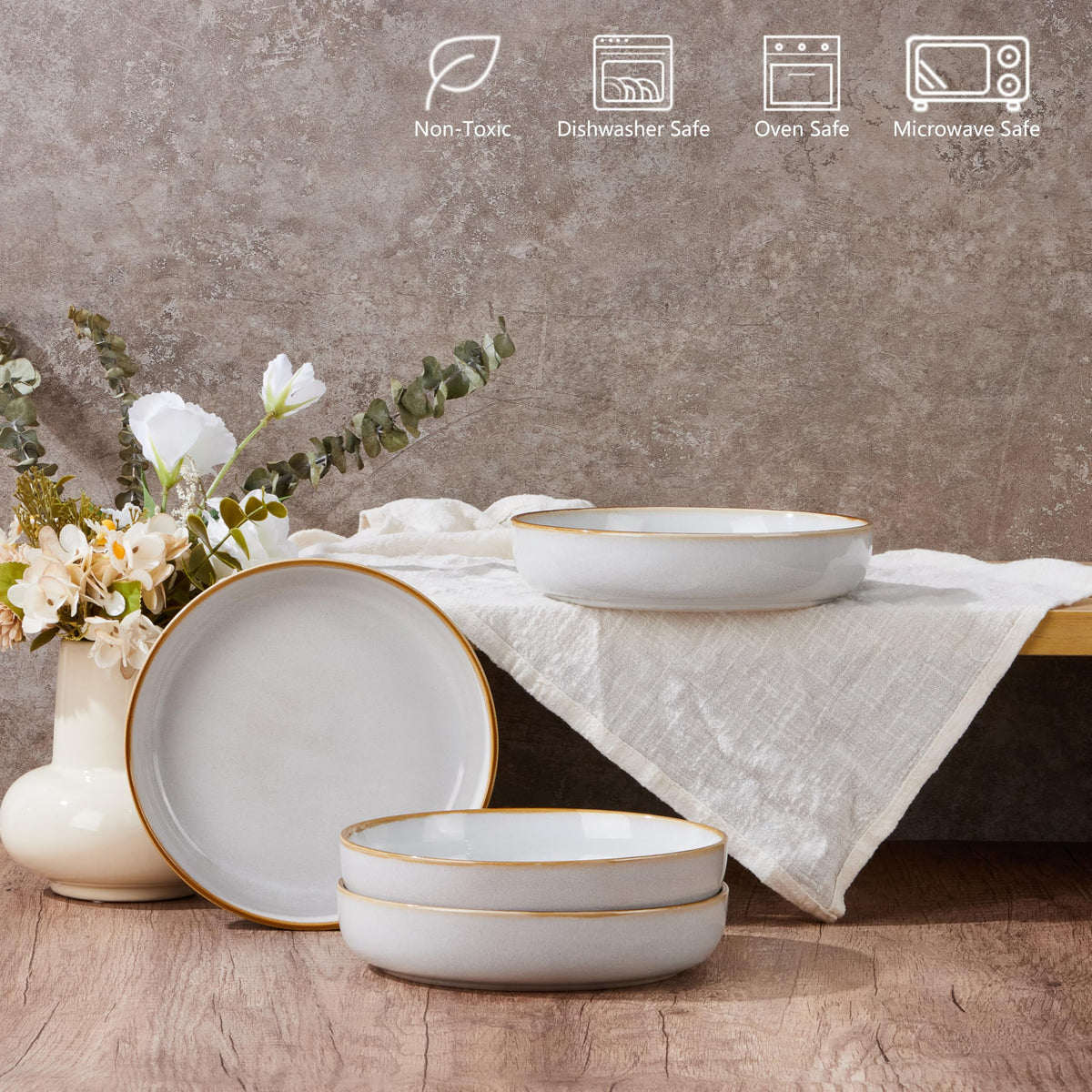 E-far Pasta Bowls Set of 4, 35oz Large Salad Bowls for Serving, Wide and Shallow Ceramic Bowls Plates for Pasta, Double Reactive Glaze, Microwave and Dishwasher Safe, Seashell White