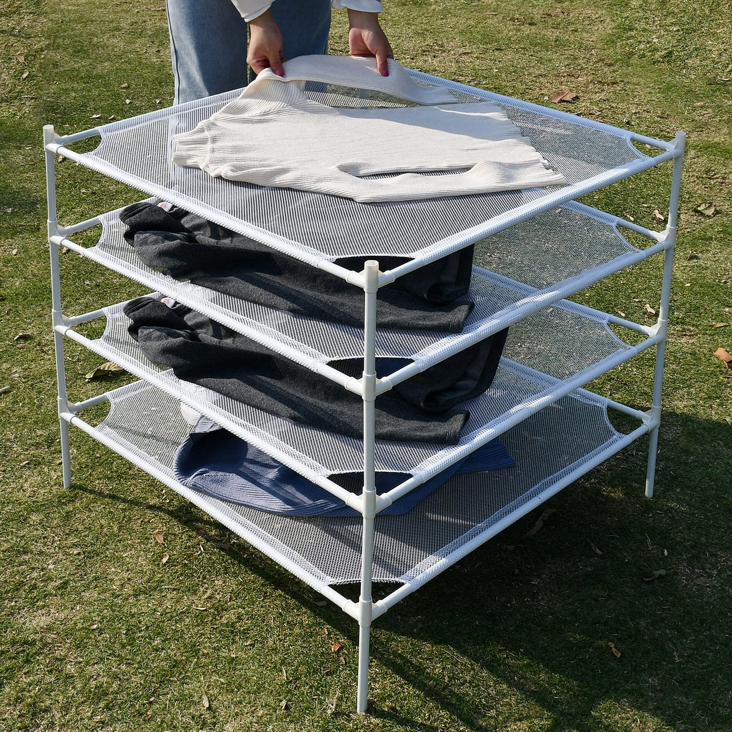Clothes Drying Rack Flat, Portable Dryer for Sweater with Metal Tube, 4-Layer Mesh Laundry Rack for Indoor and Outdoor Use, Can be Placed to Dry Towel, Sweater, Hat, Glove, Bottle, Herbal