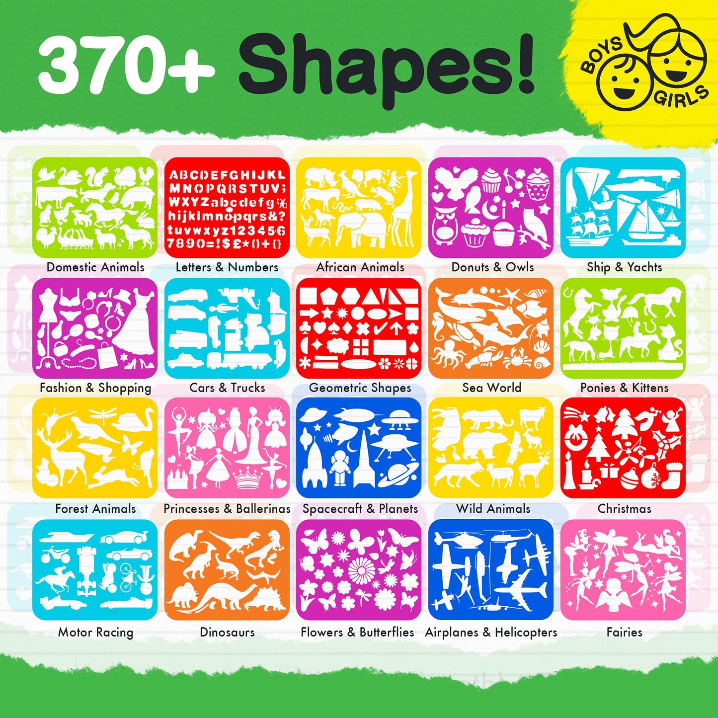 Mimtom Drawing Stencils Kit for Kids | 20 PC Stencil Set with 370+ Shapes Animals, Dinosaurs, Flowers, Letters & Numbers | 15 Colored Pencils, Pencil Sharpener, Sketch Pad & Carrying Case