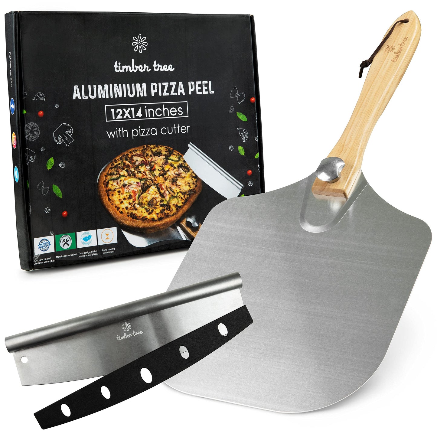 Timber Tree 16 Inch Aluminum Paddle Metal Pizza Peel Shovel with Foldable Wood Handle, 14" Cutter Rocker Blade. Gift Set for Homemade Baking Lovers Like Pizza, Bread and Pastries