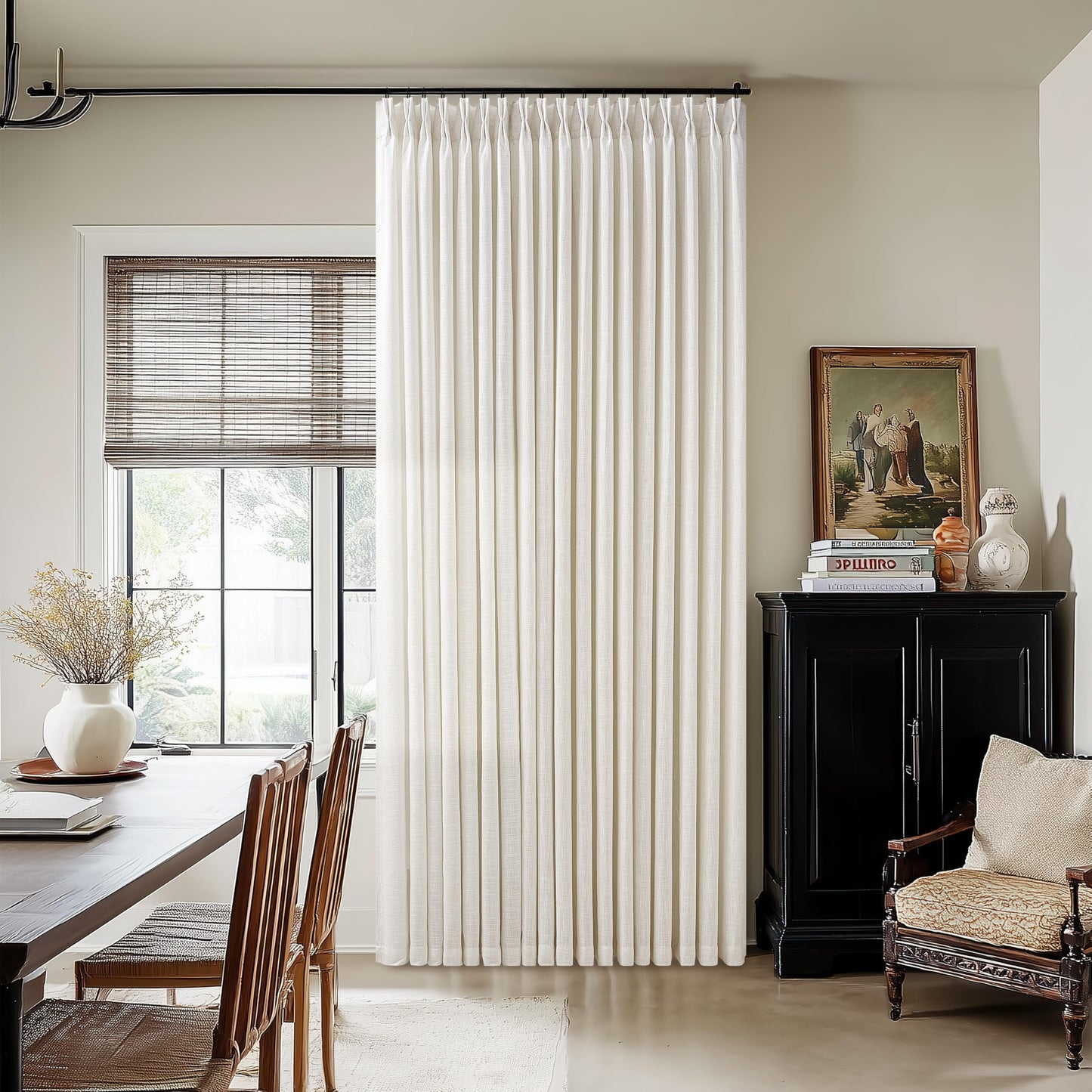 Extra Wide Linen Curtains 90 Inches Long 70 Inch Wide for Living Room Bedroom Light Filtering Cream Natural Pinch Pleated Curtains Neutral Boho Hooks Rings Back Tab Sliding Glass Door 70Wx90L 1 Panel