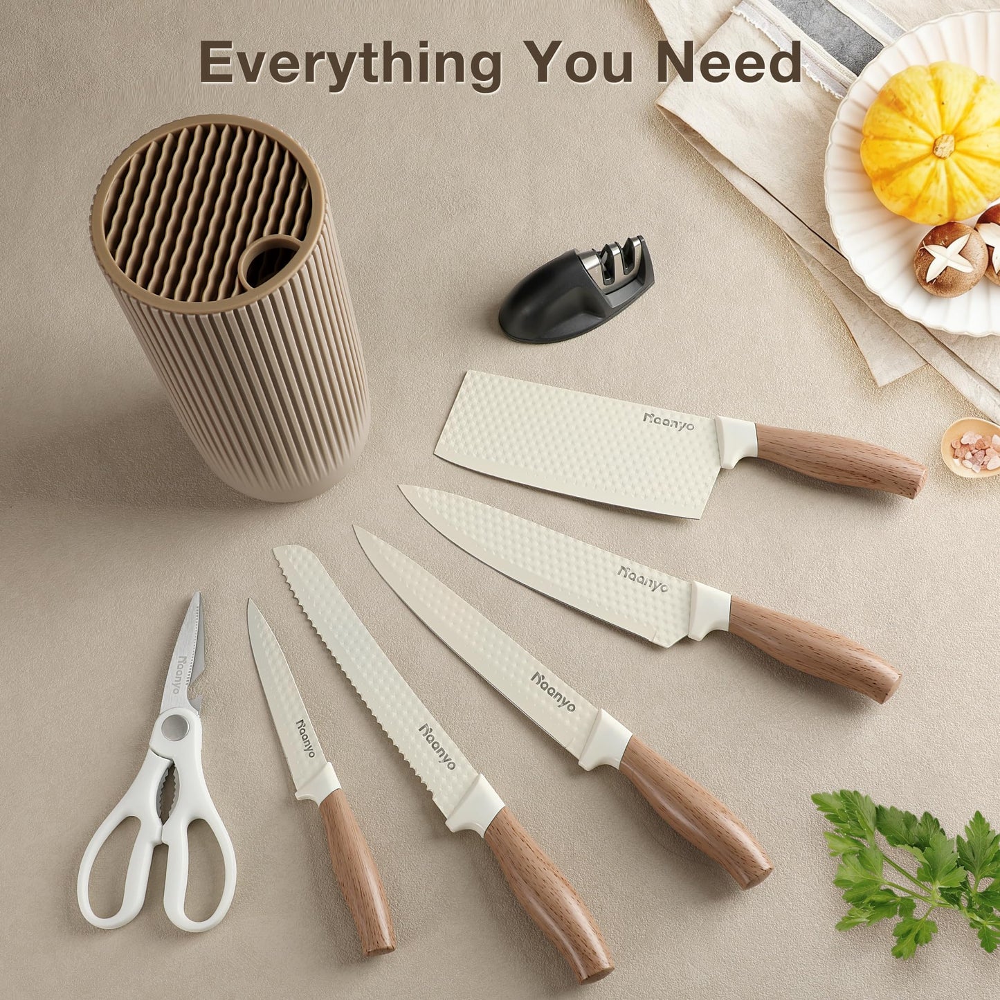 Naanyo 8-Piece Kitchen Knife Set with Sharpener, Universal Knife Block, Stainless Steel Blades, Ergonomic Design, Rust-Resistant, Home & Gift Essentials Chef Knives