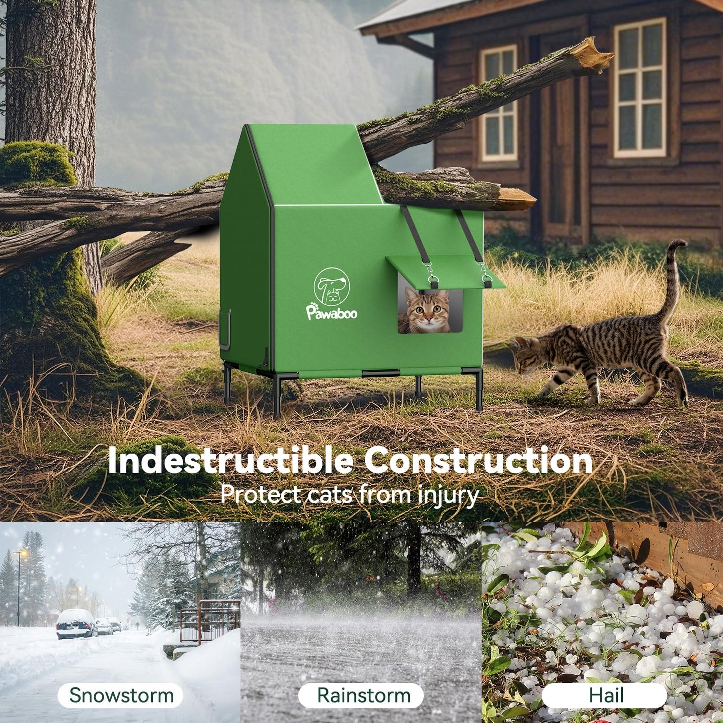 Pawaboo Heated Cat House for Outdoor in Winter, Weatherproof Cats Shelter for Outside with Waterproof Awning & Elevated Base, Insulated Outdoor Cats House with Heater for Feral Barn Cat