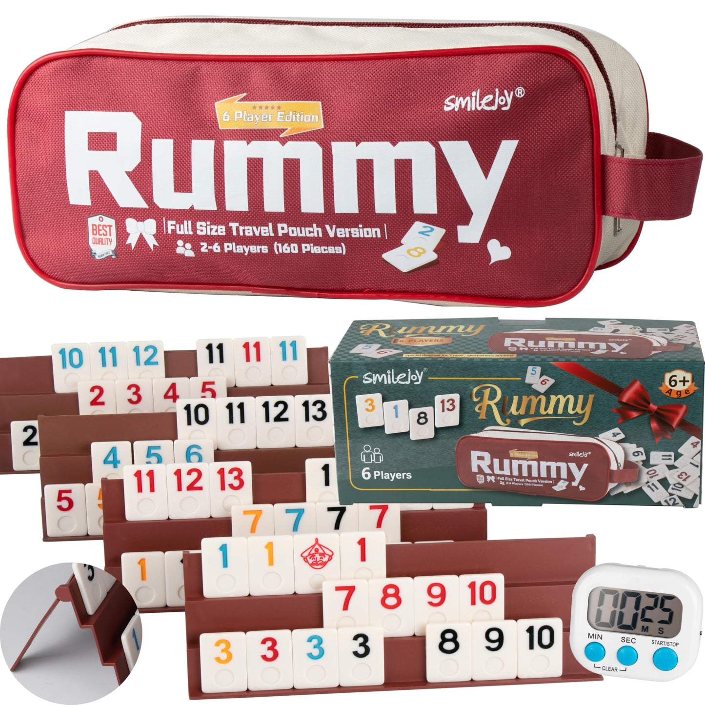 Smilejoy Rummy Cube 6 Players Edition, Full Size Travel Rummy Game Set with Travel Portable Canvas Bag,Classic Board Game for Adults and Kids |160 Tiles | 6 Playing Racks |1 Timing | (2-6 Player)