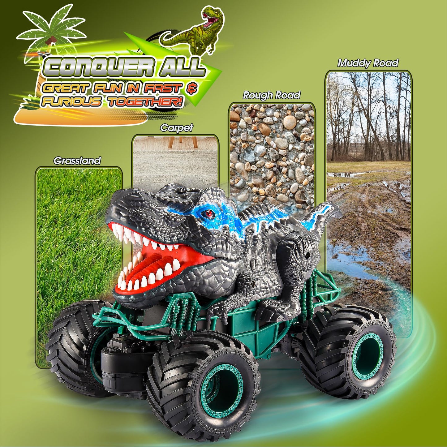 Dinosaur Toys Monster Trucks for Kids, Chardfun Remote Control Cars for Kids Age 3-10 Dinosaur Monster Toys for Boys 4-7 with Light & Sound Spray Stunt Car for Kids Easter Gifts for Kids Boys