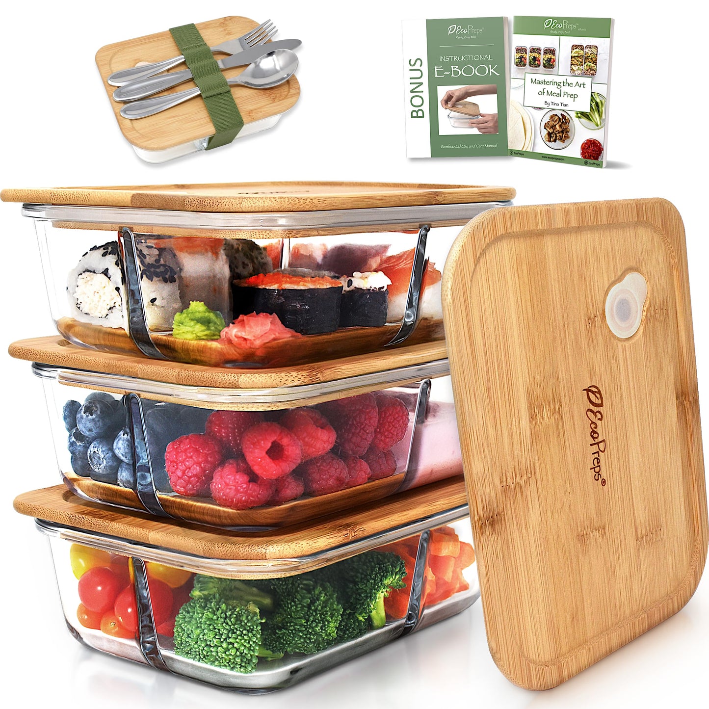 EcoPreps Glass Bento Boxes with Bamboo Lids, 3-Compartment Meal Prep Containers - 3 Pack, Eco-Friendly, Freezer Safe Glass Lunch Boxes