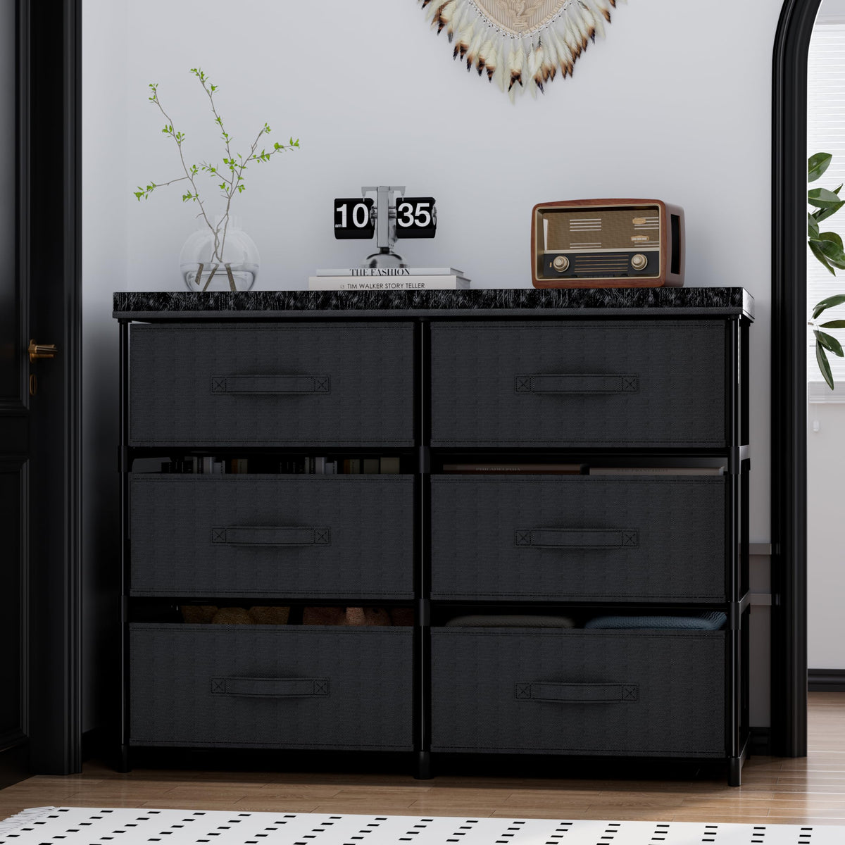 PPN Dresser with 6 Fabric Drawer Stand Desktop Sturdy Metal Plastic Support Tube Cube Storage Cabinet for Living Room, Bedroom Organization Dorm Front Hall Entryway Black