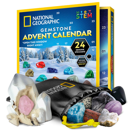 National Geographic Gemstone Advent Calendar 2025 - Advent Calendar for Kids Ages 6+ with 24 Gemstones, Rock Collection Christmas Countdown Calendar, Gem Dig Kit (Multilingual Version)