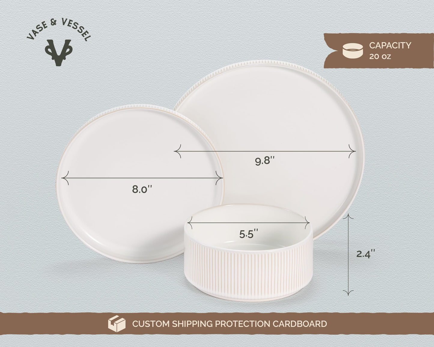Ceramic Dinnerware Set, by Vase and Vessel, 12-Piece Service for 4, 9.8” Dinner Plates, 8” Salad Plates, 20 oz Bowls, Ombre Reactive Glaze, Durable Stoneware, Microwave & Dishwasher (Powder White)