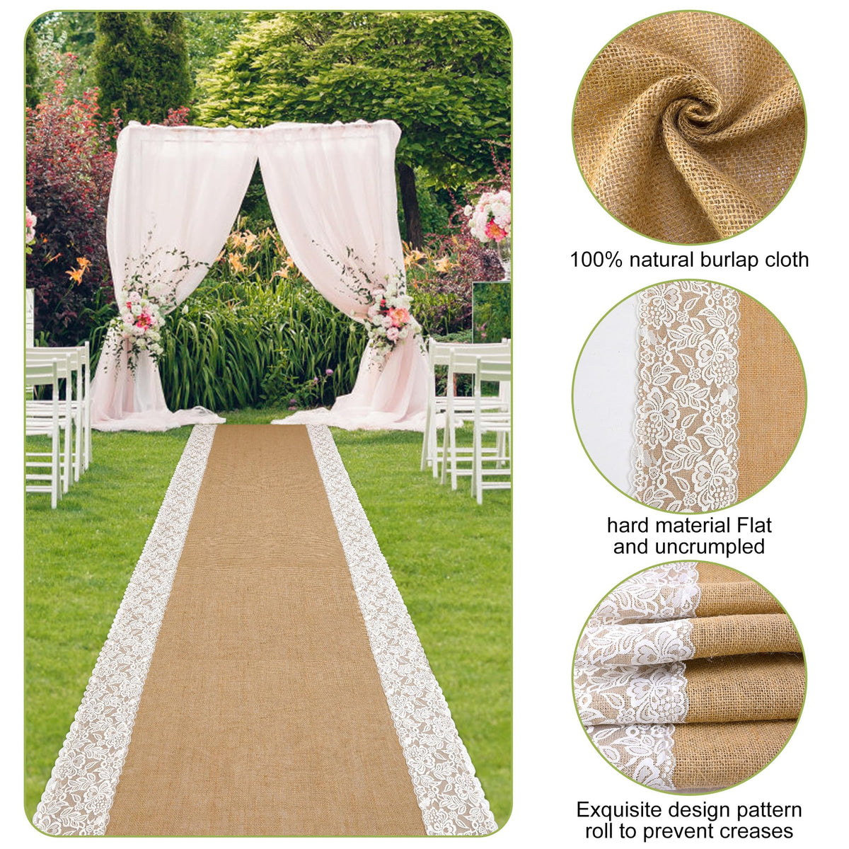 20 Ft x 36 in Natural Burlap Wedding Aisle Runner, Rustic Jute Weddings Runway Carpet with Lace, Ceremony Burlap Carpet Roll for Beach Garden Church Reception Craft Decor
