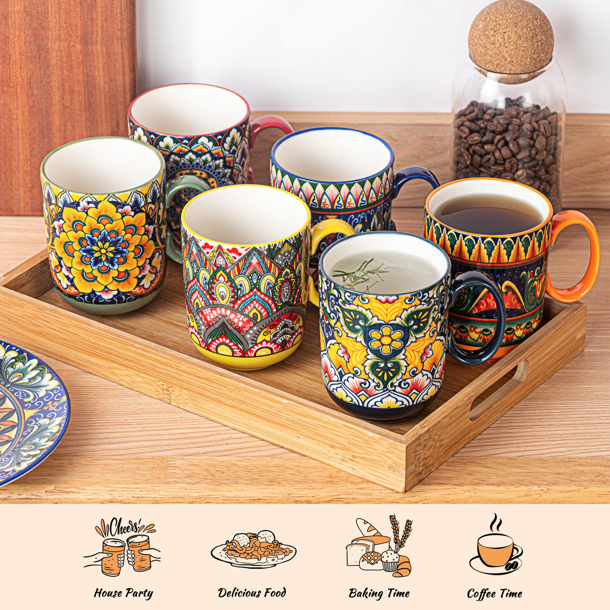 Henten Home Porcelain Coffee Mug Set of 6, 14 oz Colorful Latte Cup with Handle, Boho Ceramci Mug for Hot Chocolate, Milk, Tea, Cappuccino, Cocoa, Microwave & Dishwasher Safe